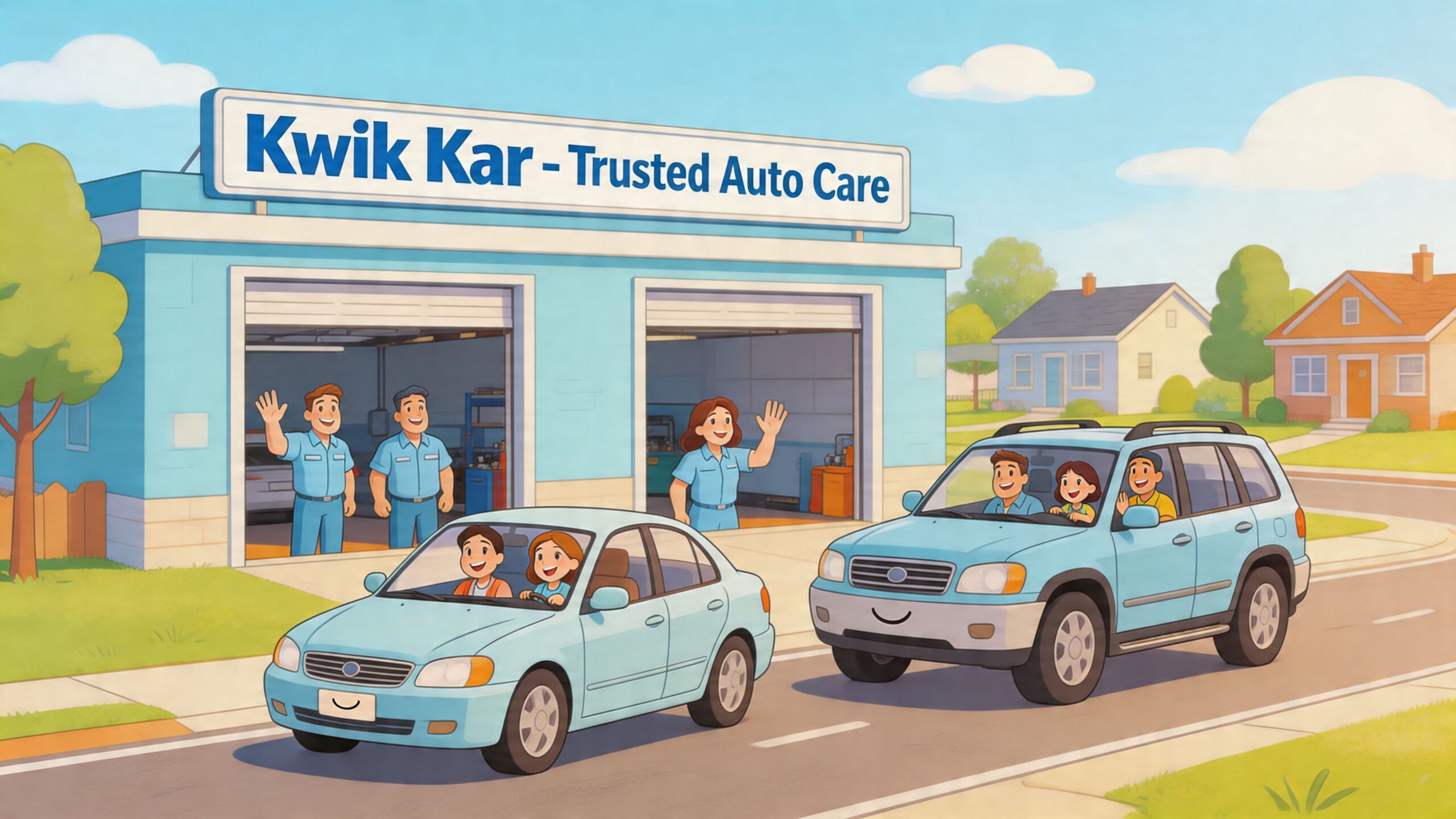 A friendly Kwik Kar auto repair shop with happy mechanics waving at families driving in cars.