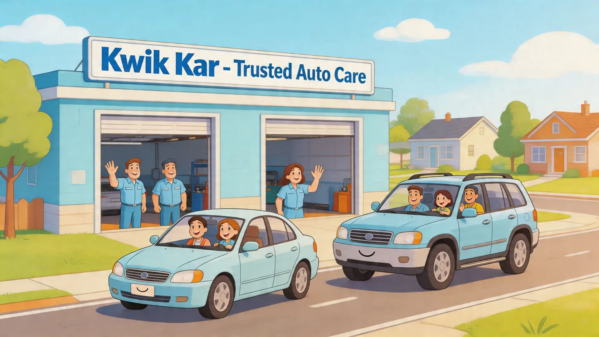 A friendly Kwik Kar auto repair shop with happy mechanics waving at families driving in cars.