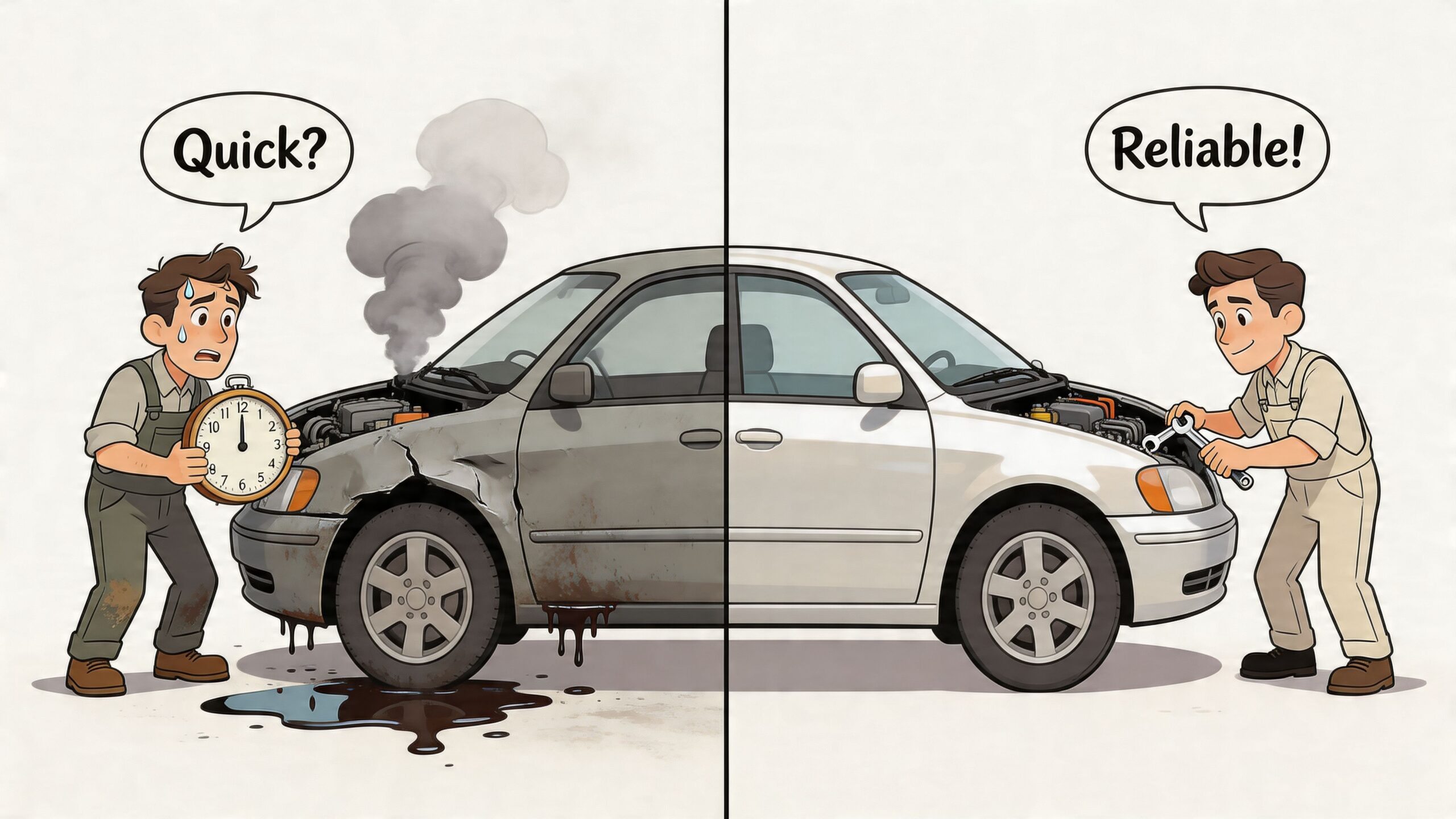 A cartoon showing the difference between a rushed, poor quality car repair and a professional, reliable service.