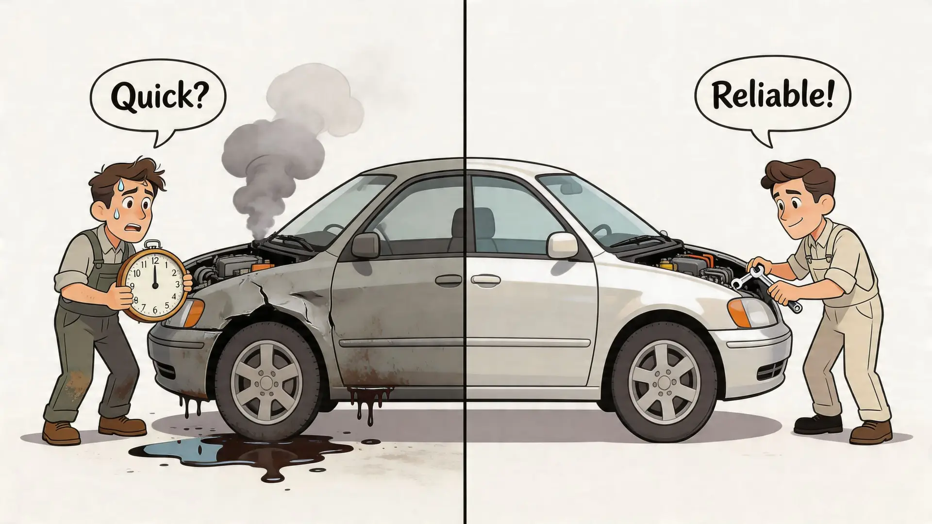 A cartoon showing the difference between a rushed, poor quality car repair and a professional, reliable service.