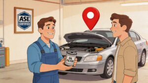 Mechanic holding oil filter beside open car hood