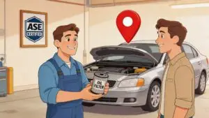 Mechanic holding oil filter beside open car hood
