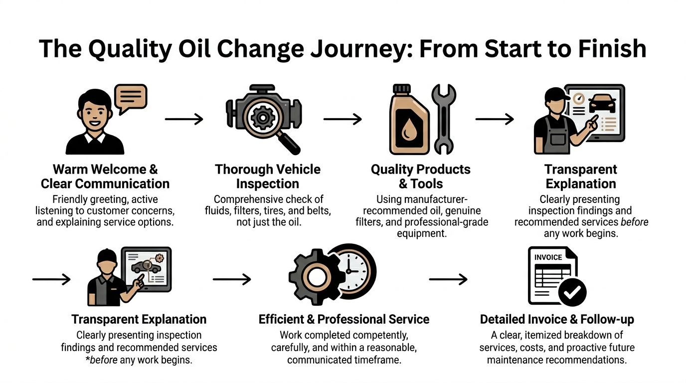 An infographic detailing the quality oil change process steps from initial customer welcome to final service invoice.