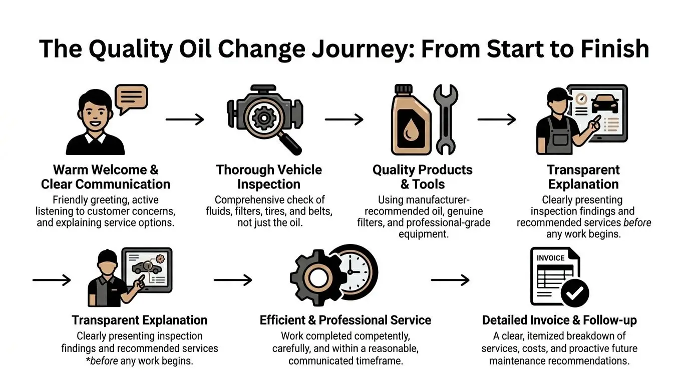 An infographic detailing the quality oil change process steps from initial customer welcome to final service invoice.