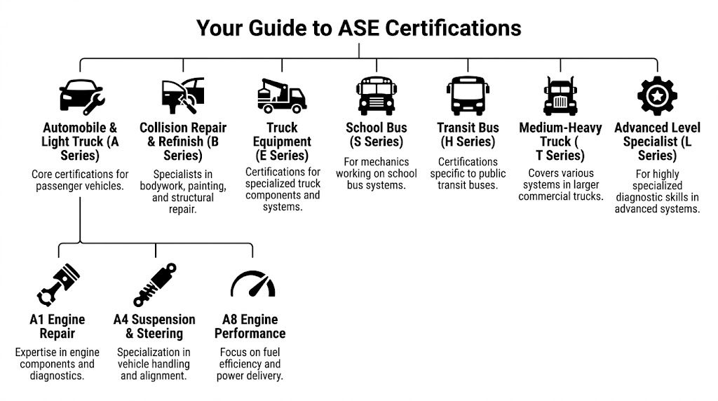 A diagram outlining the different categories of ASE certifications available for automotive mechanics and technicians.