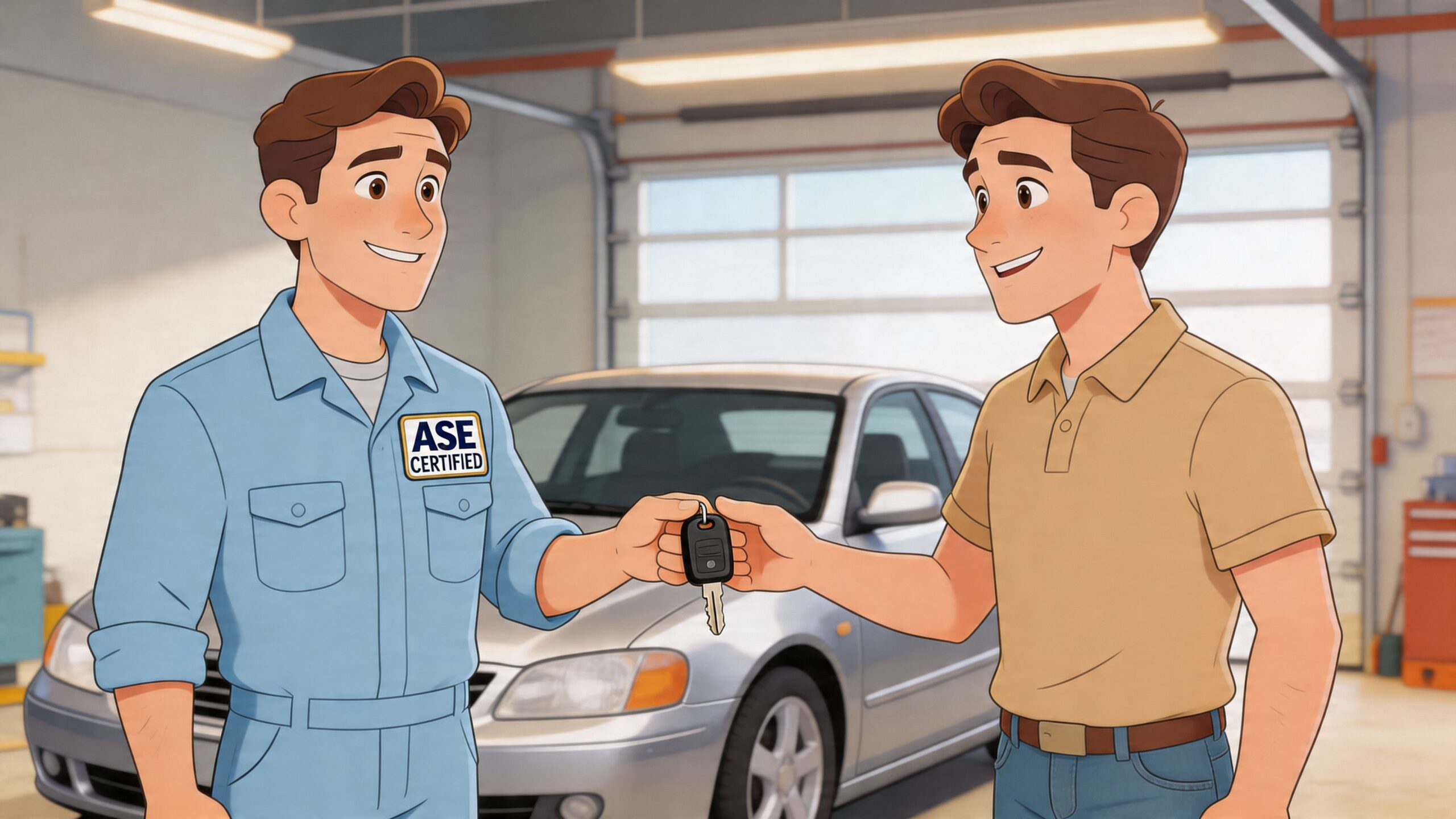 An ASE certified mechanic in a blue uniform handing car keys to a satisfied customer at a garage.