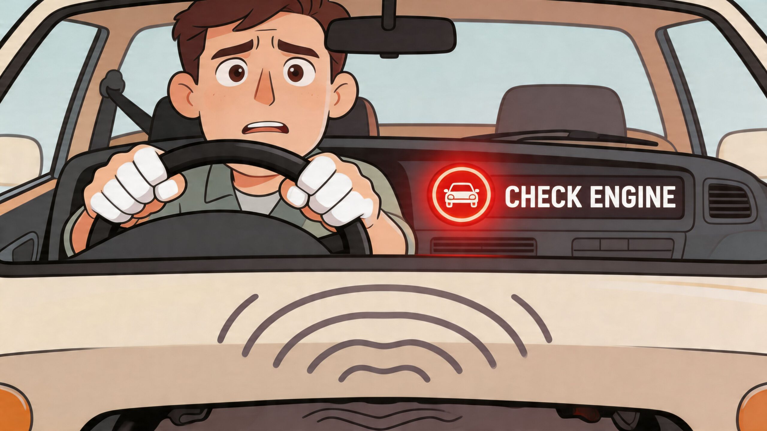 A concerned driver looking at the illuminated check engine light symbol on the dashboard of a car.