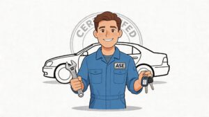 Cartoon mechanic holding wrench and car keys