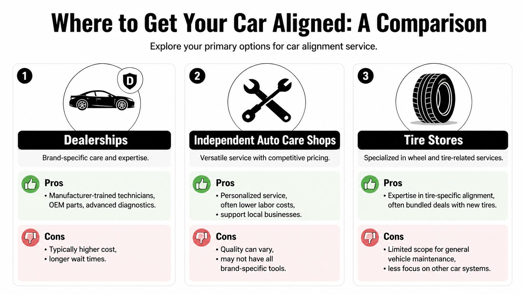 A comparison chart outlining the pros and cons of getting a car aligned at different service locations.