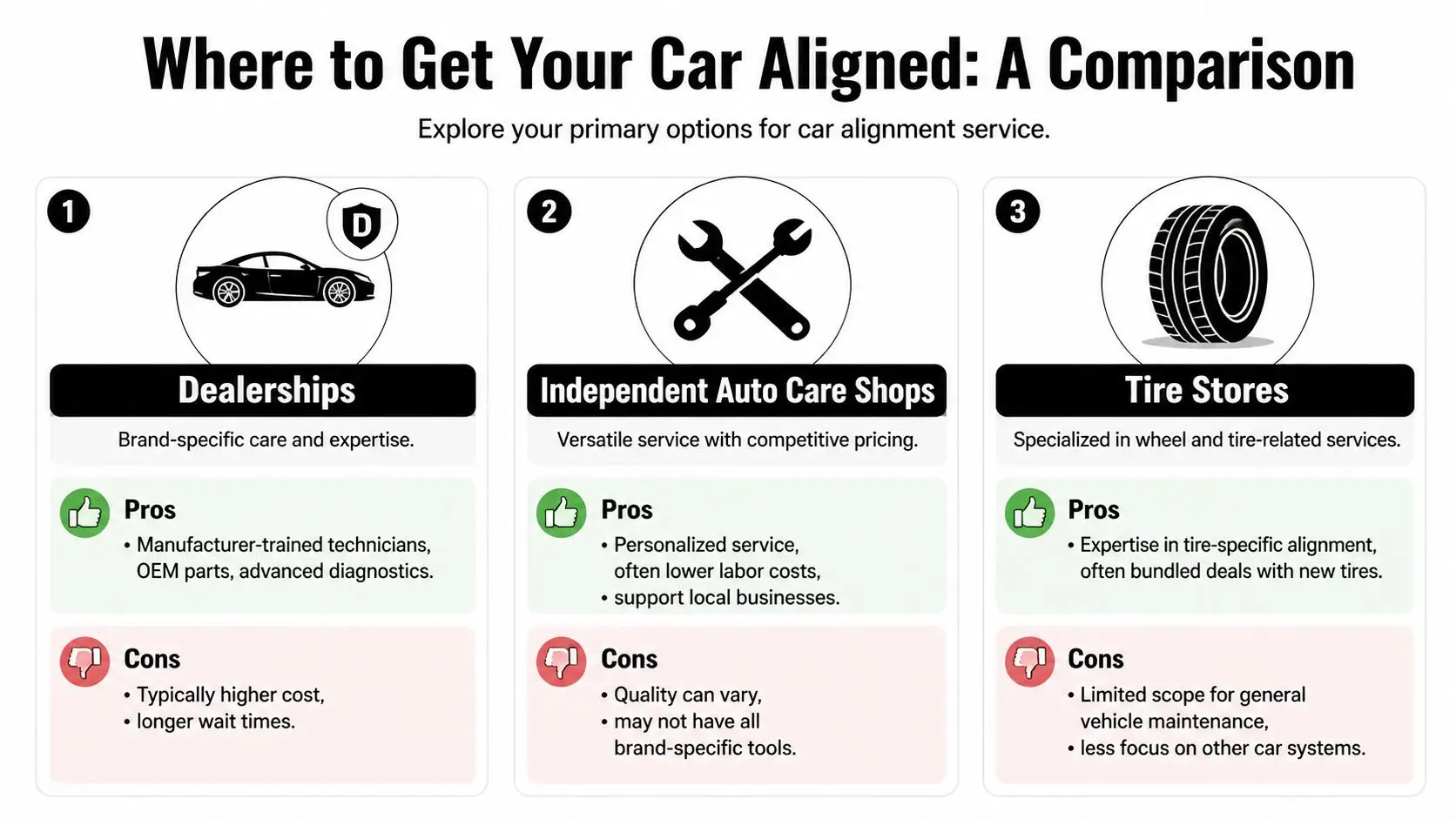 A comparison chart outlining the pros and cons of getting a car aligned at different service locations.