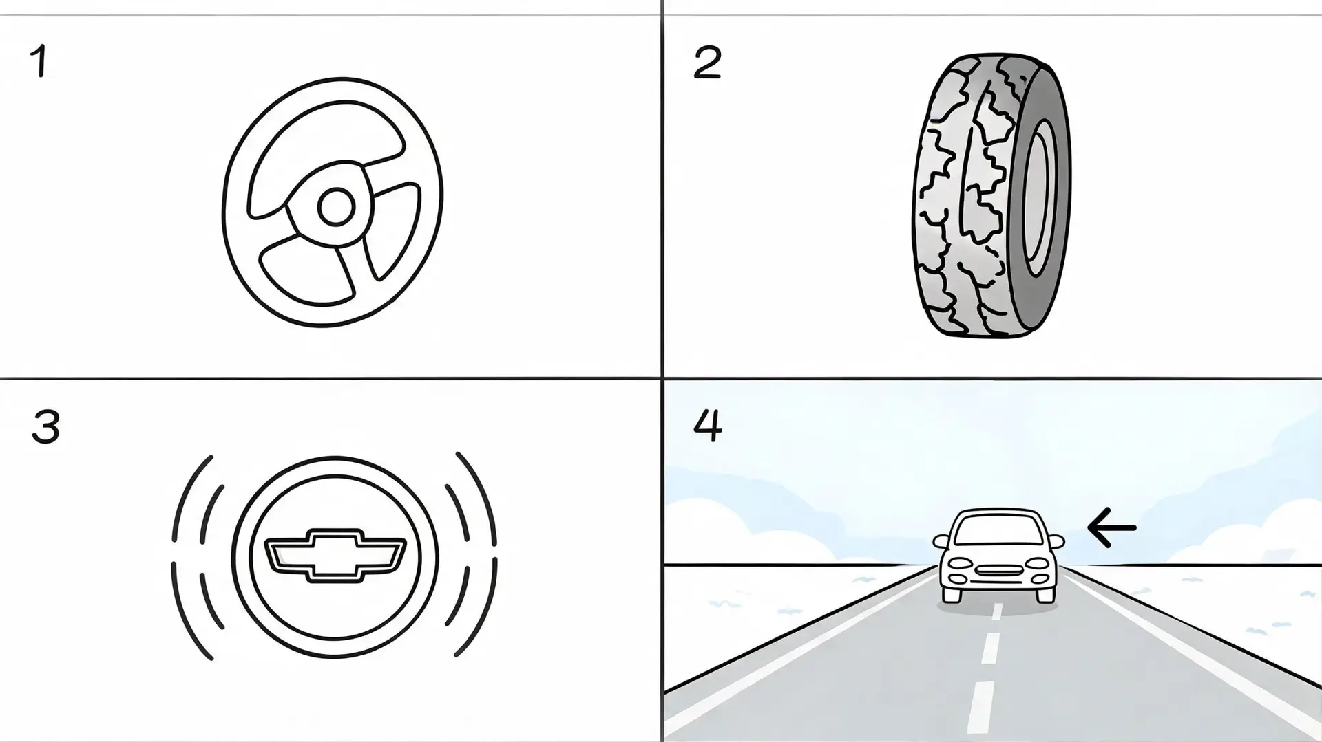 A four-part infographic illustrating car alignment signs like steering, tires, and driving stability on the road.
