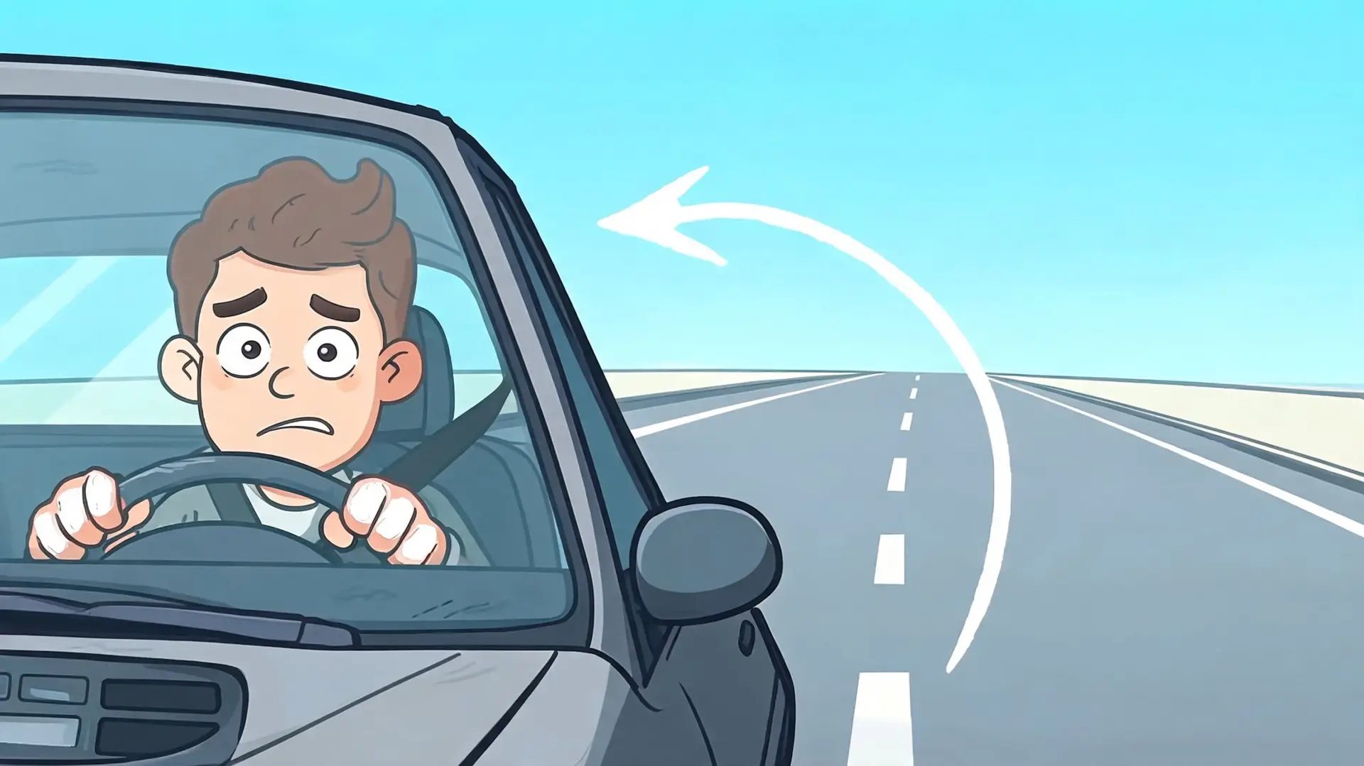 A concerned driver inside a car looking at a road with an arrow suggesting alignment.