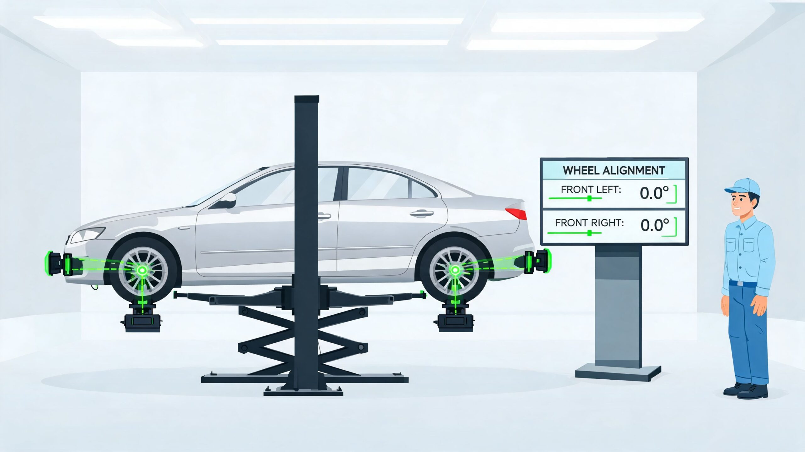 A professional mechanic standing next to a car undergoing a digital wheel alignment check in a garage.