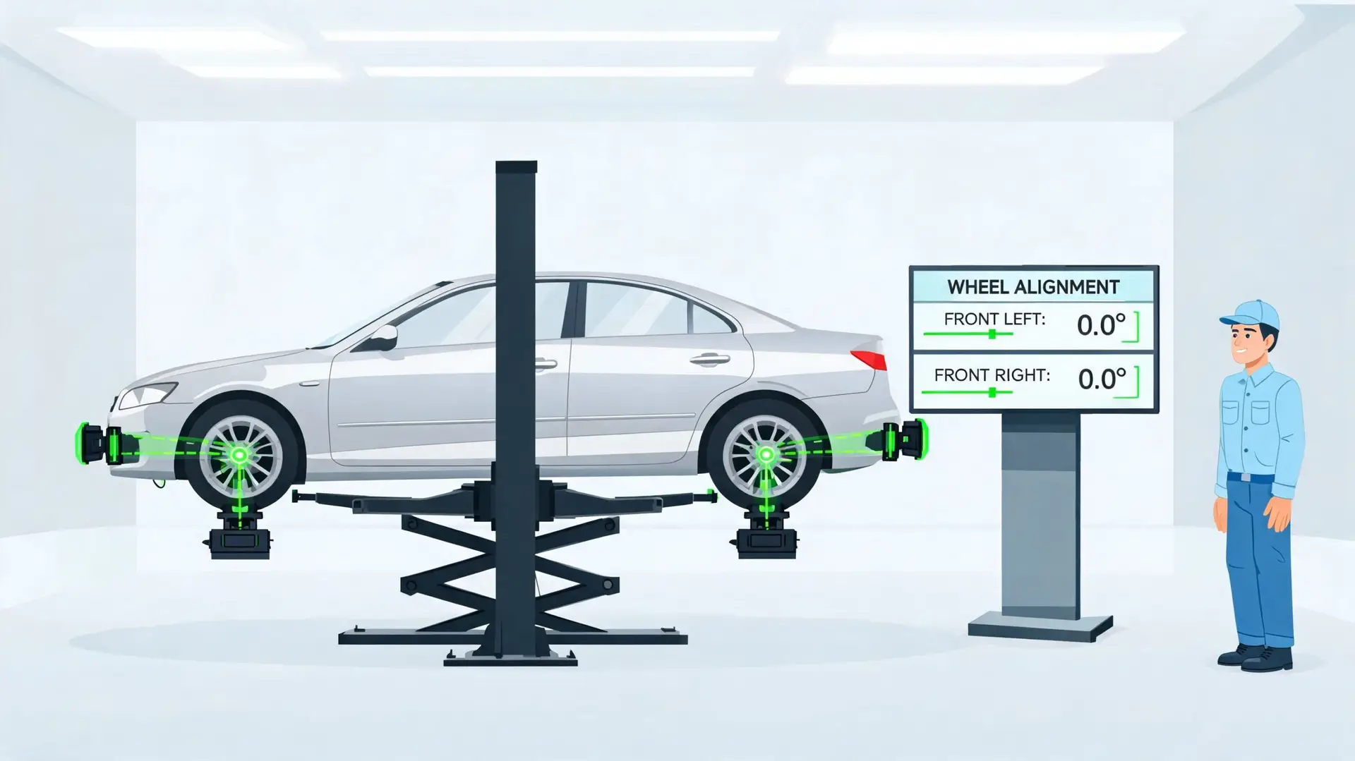A professional mechanic standing next to a car undergoing a digital wheel alignment check in a garage.