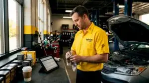 Technician in garage performing oil change