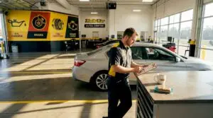 Technician reviews paperwork at Texas inspection station