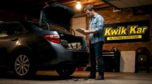 Car owner checking vehicle with clipboard in driveway