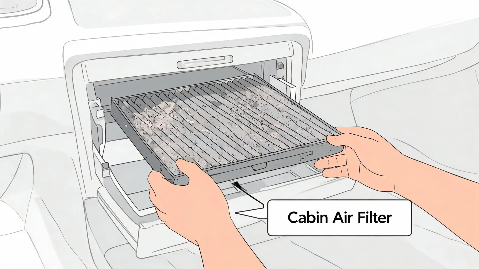 A person removing a dirty cabin air filter from the glove compartment area of a car.