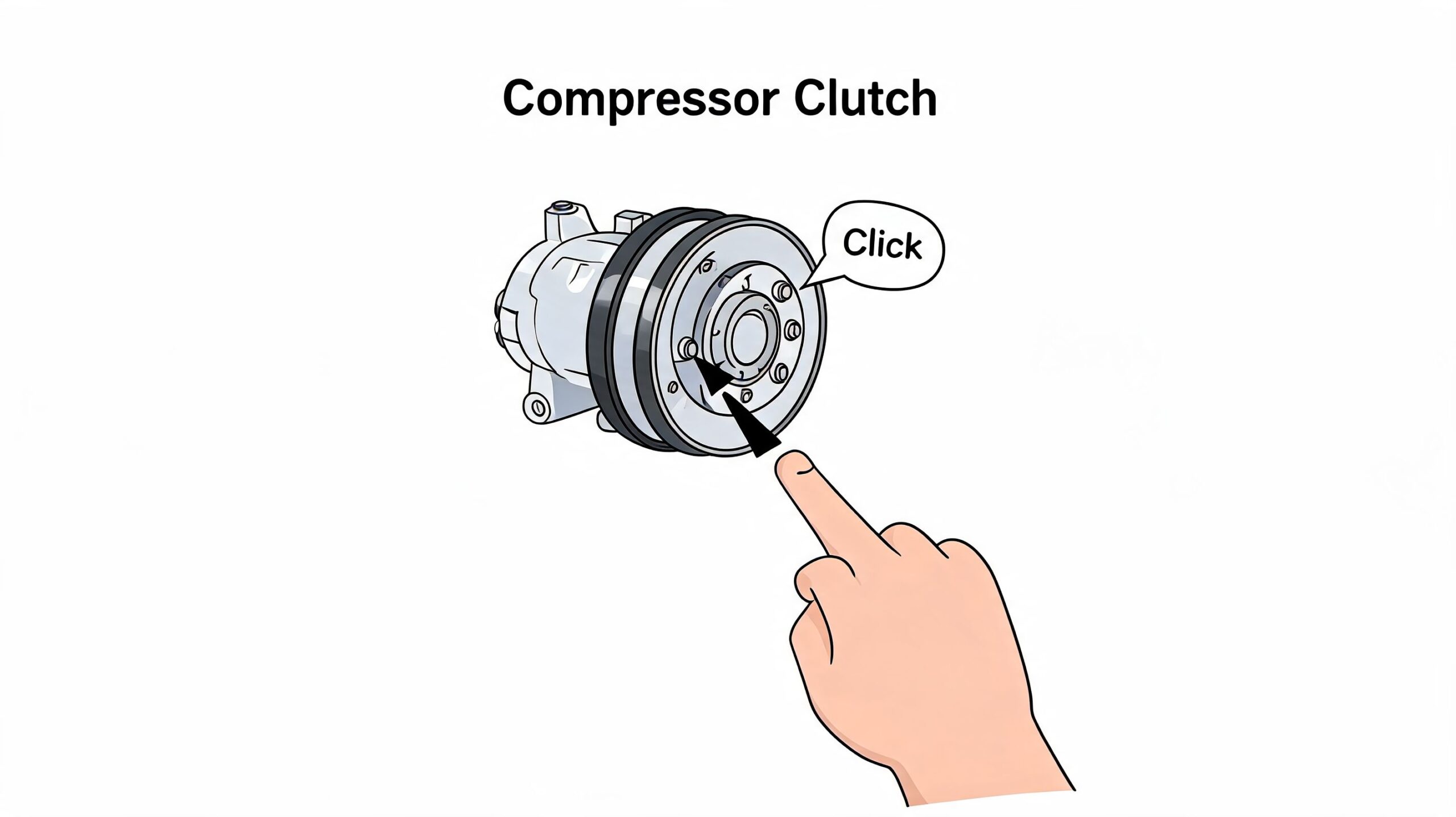 A hand pointing to a car air conditioning compressor clutch with a speech bubble saying click.