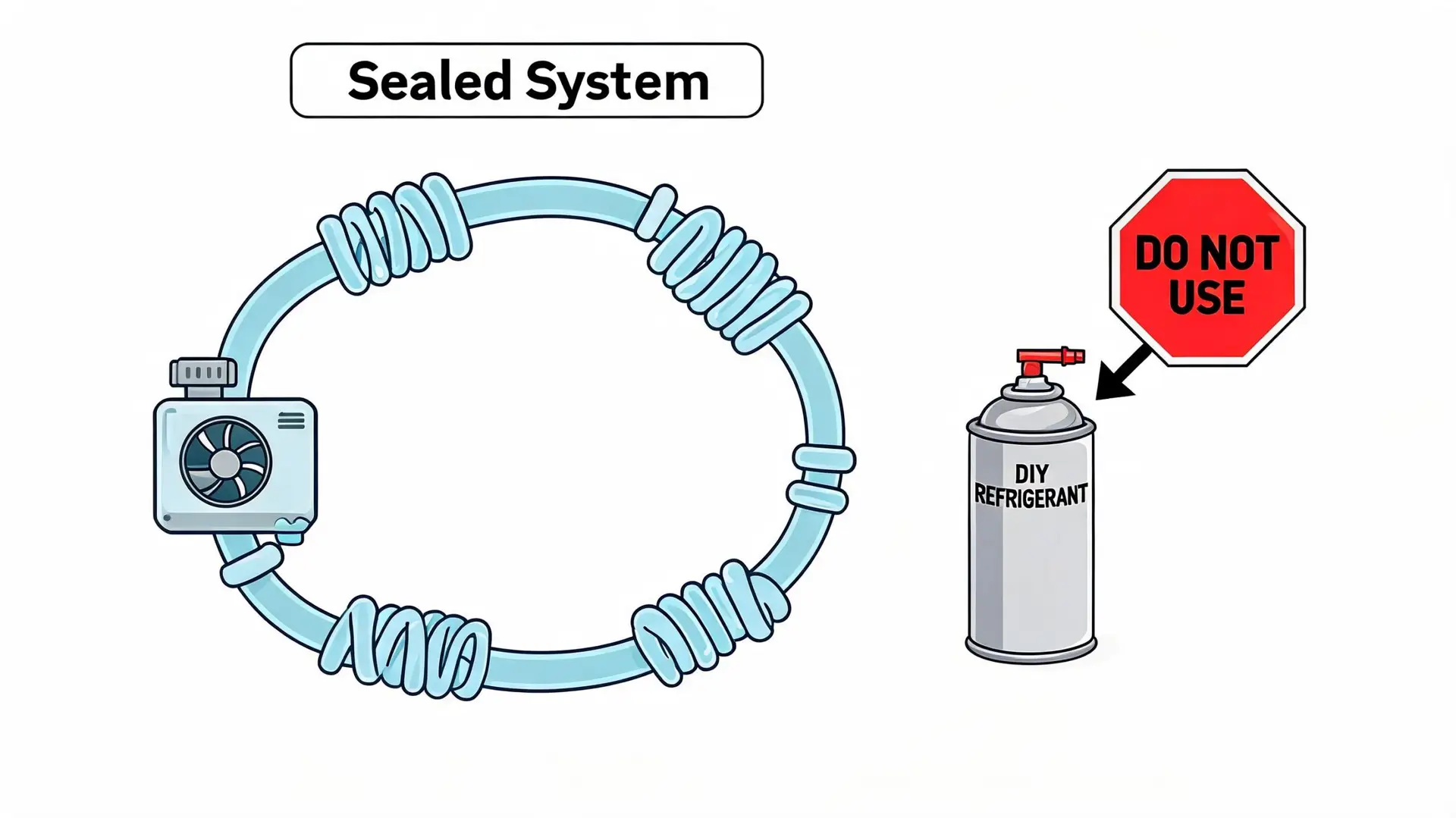 A diagram illustrating a sealed HVAC system and warning against using DIY refrigerant cans for repairs.