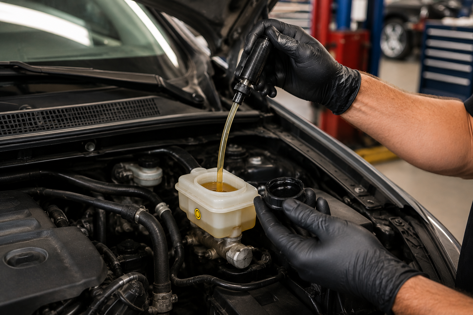 Professional Brake Fluid Flush Service in Arlington ASE-certified mechanic performing brake fluid flush and brake system maintenance in Arlington auto repair shop