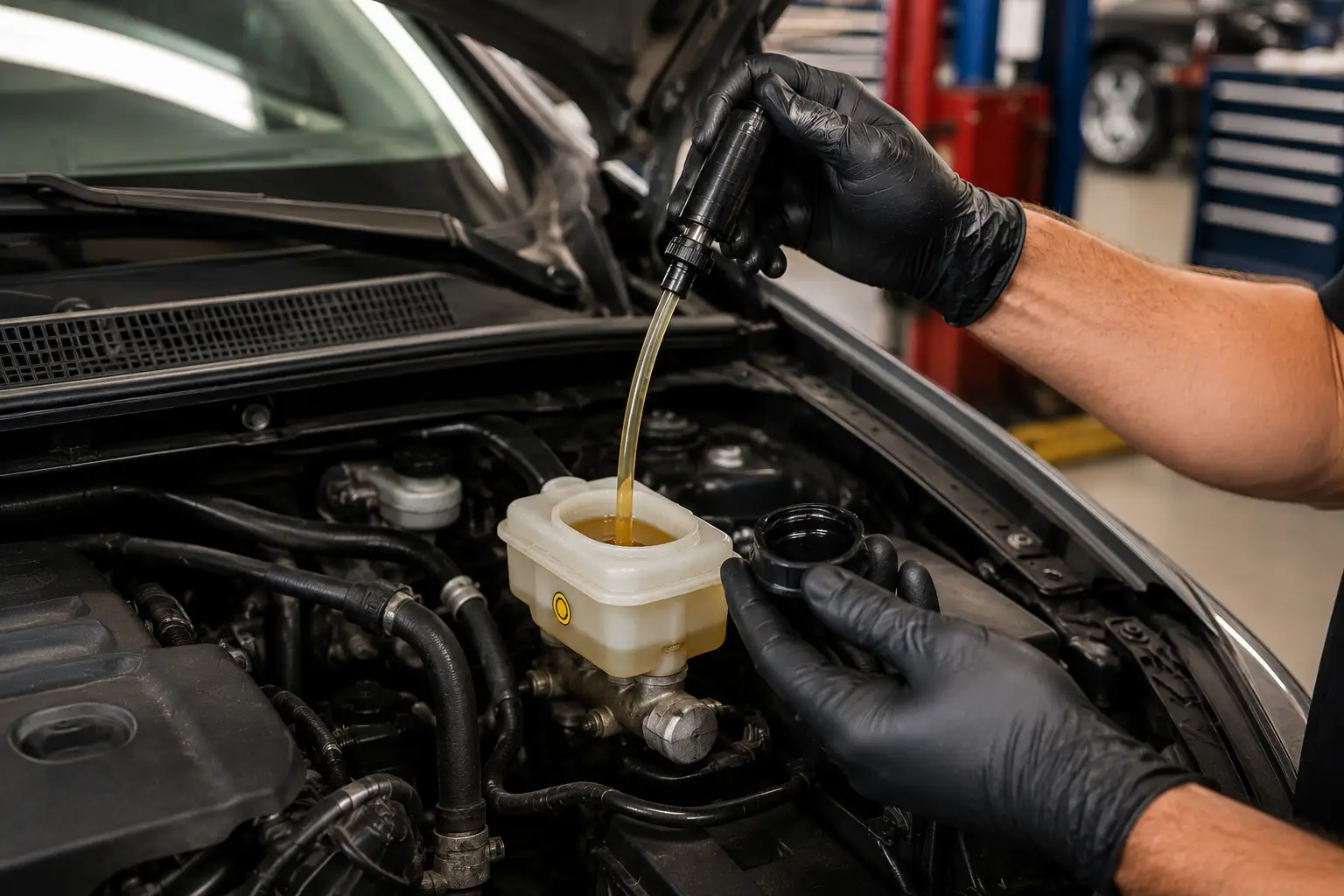ASE-certified mechanic performing brake fluid flush and brake system maintenance in Arlington auto repair shop