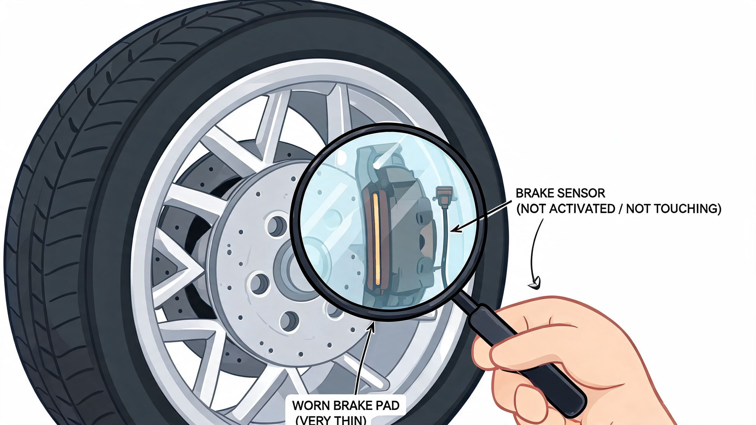 A hand holds a magnifying glass over a car wheel showing thin brake pads and a sensor.