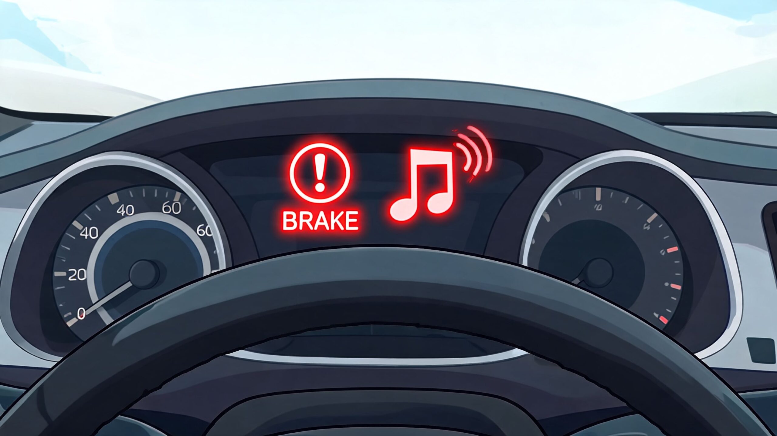 A digital car dashboard illustration displaying a glowing red brake warning icon next to a musical note symbol.