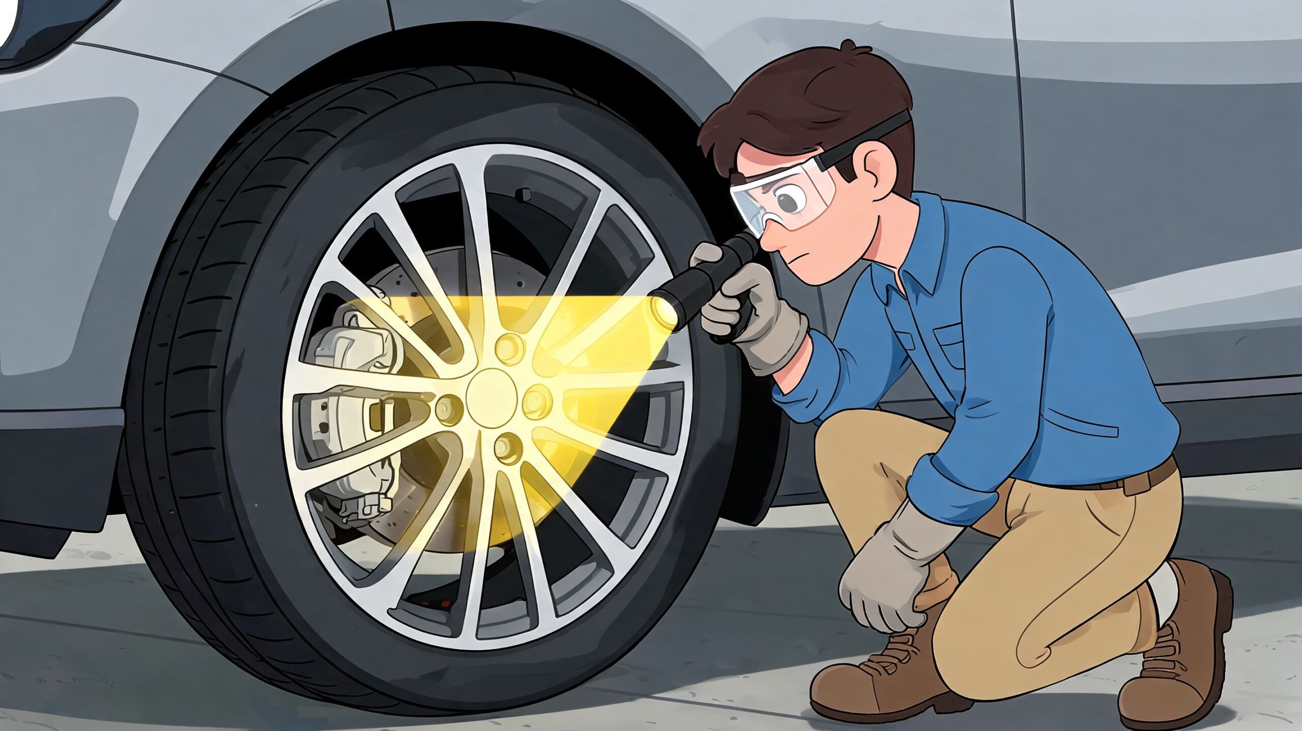 A professional mechanic wearing safety goggles kneels to inspect a car brake system with a flashlight.