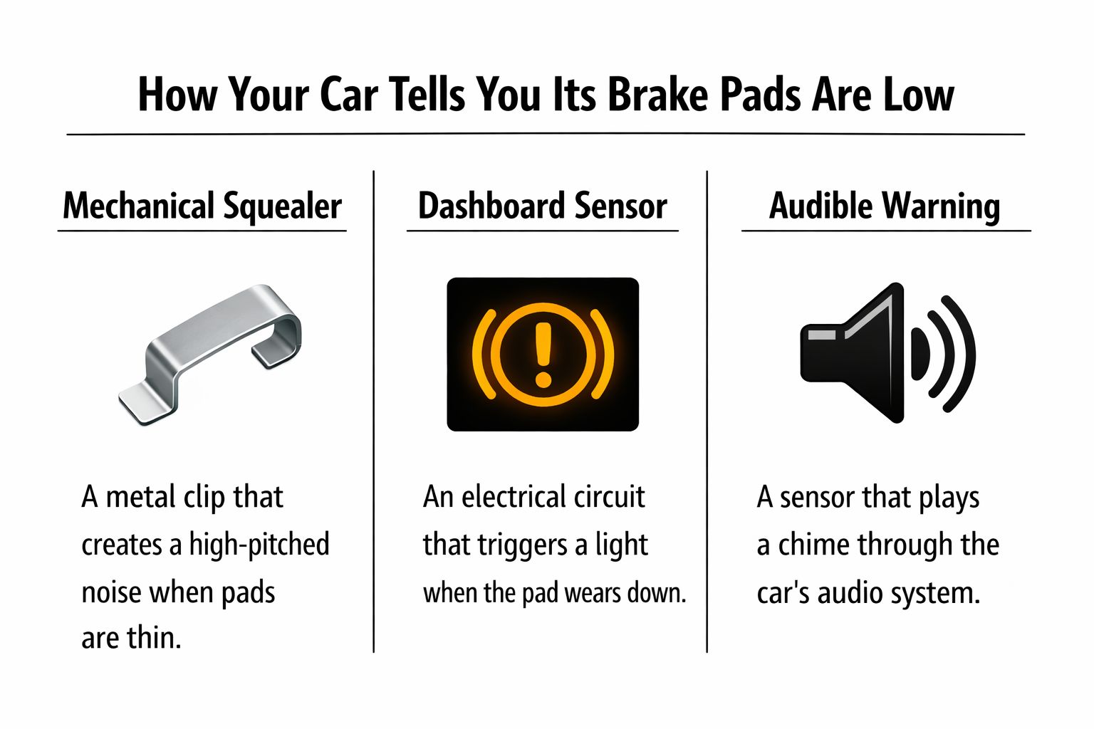 An infographic illustrating three common ways car brake pads notify drivers when they are worn thin.