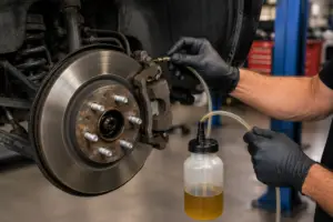 Automotive technician performing brake system bleeding and brake fluid maintenance on vehicle brake caliper in Arlington repair shop