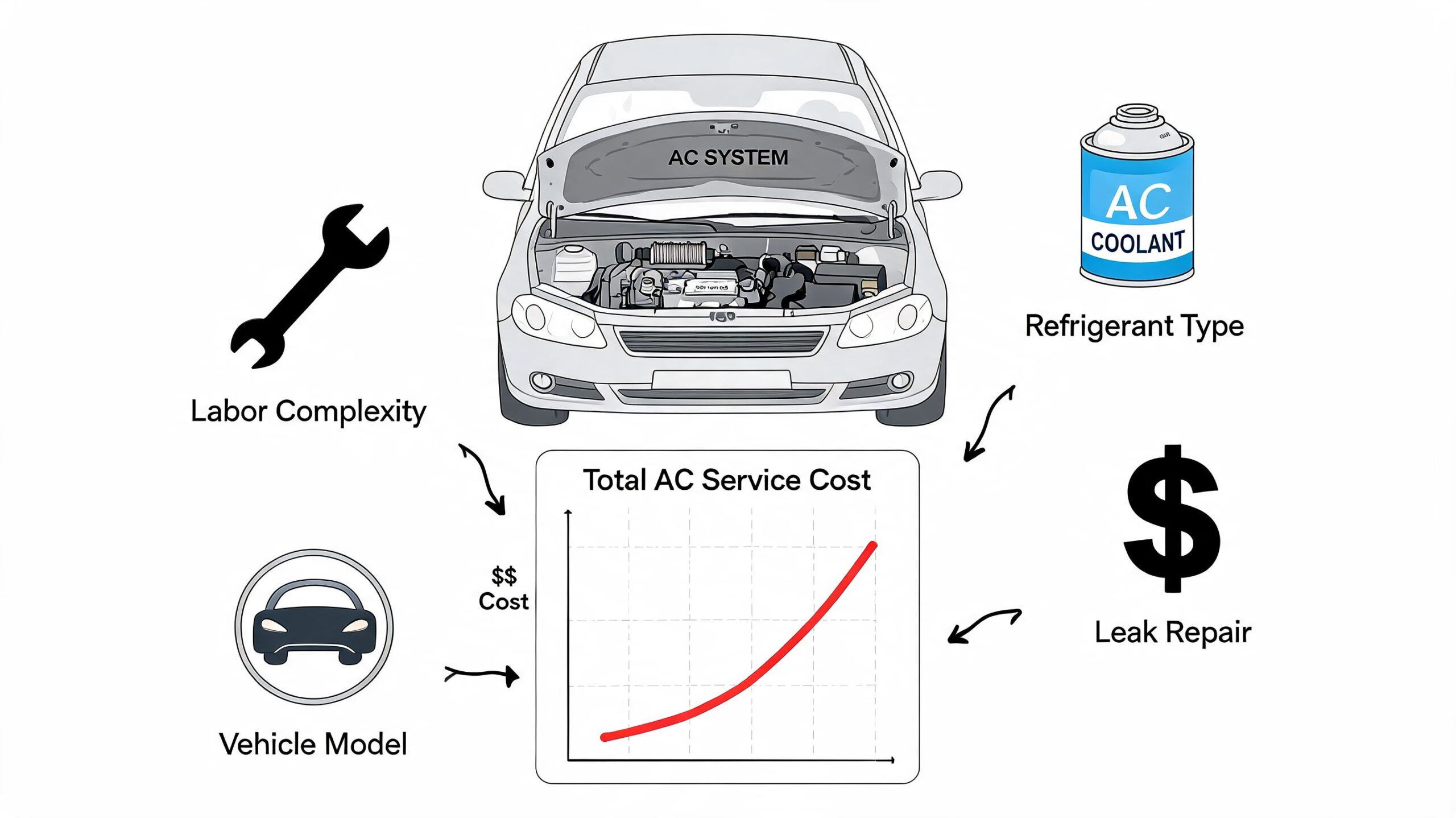 A diagram illustrating the various factors that influence the total cost of car air conditioning service.