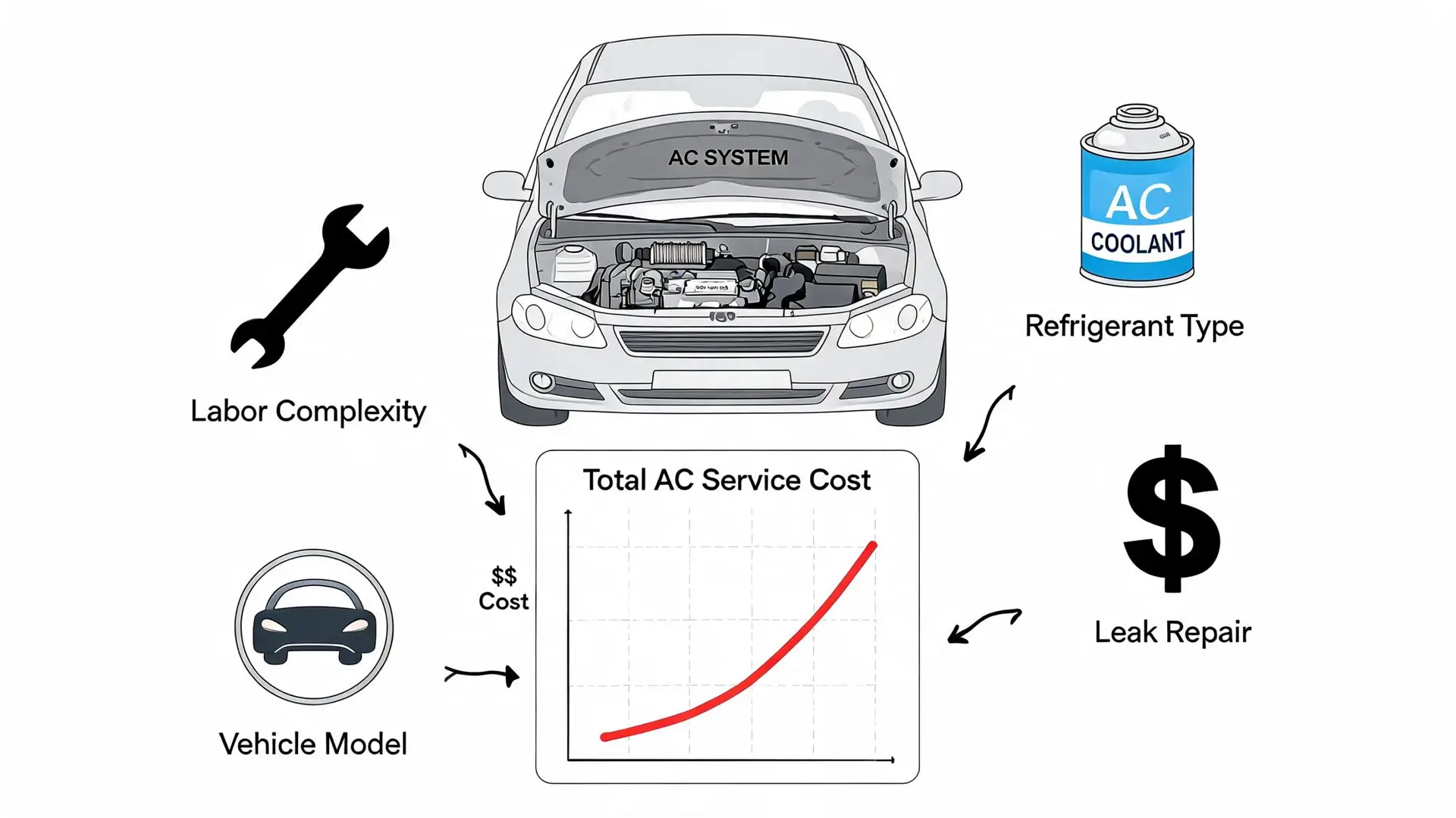 A diagram illustrating the various factors that influence the total cost of car air conditioning service.