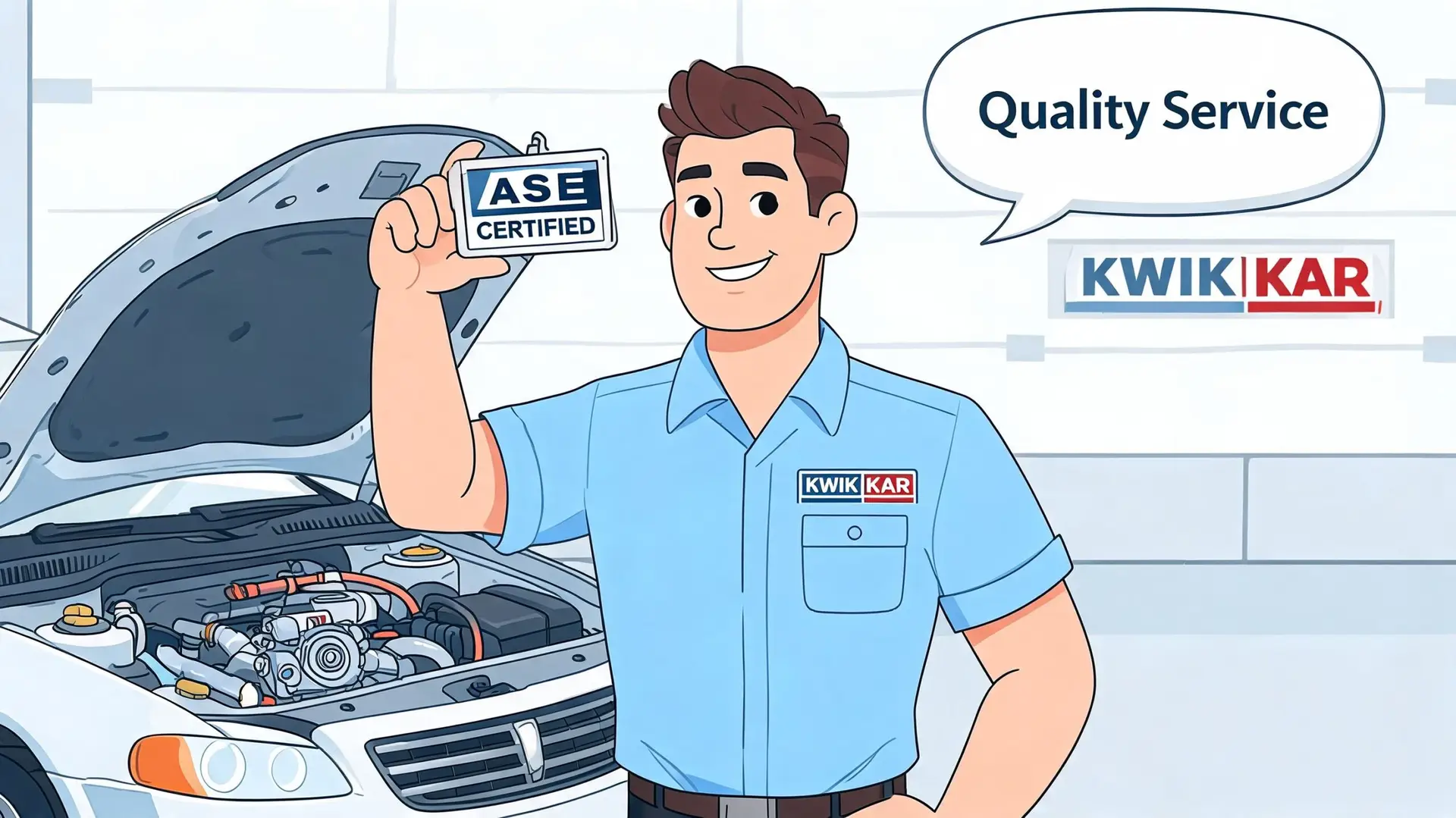 A smiling mechanic in a Kwik Kar uniform holds up an ASE Certified badge next to a car.