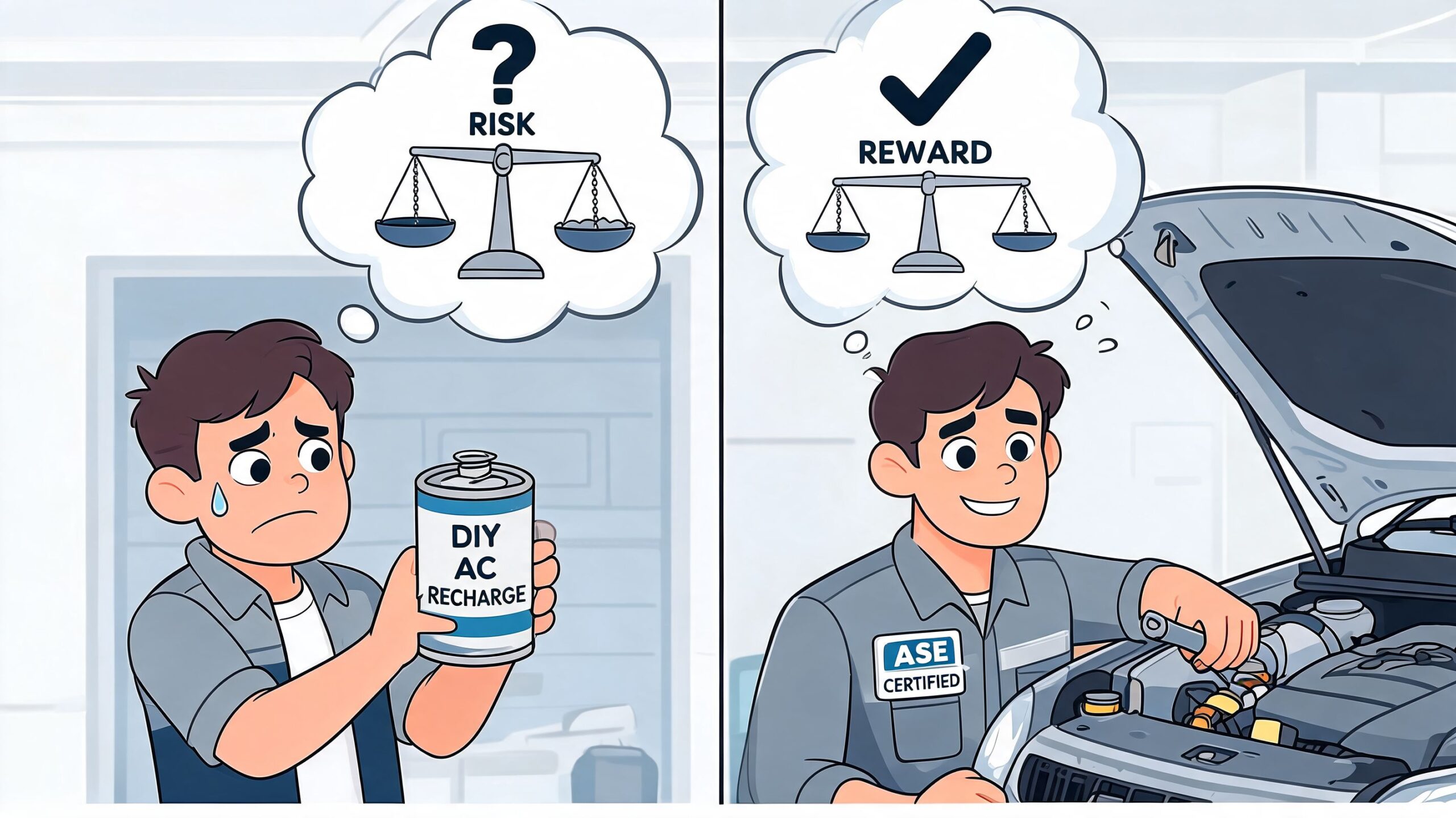 A split image comparing a nervous person holding a DIY AC recharge kit to a professional ASE certified mechanic.