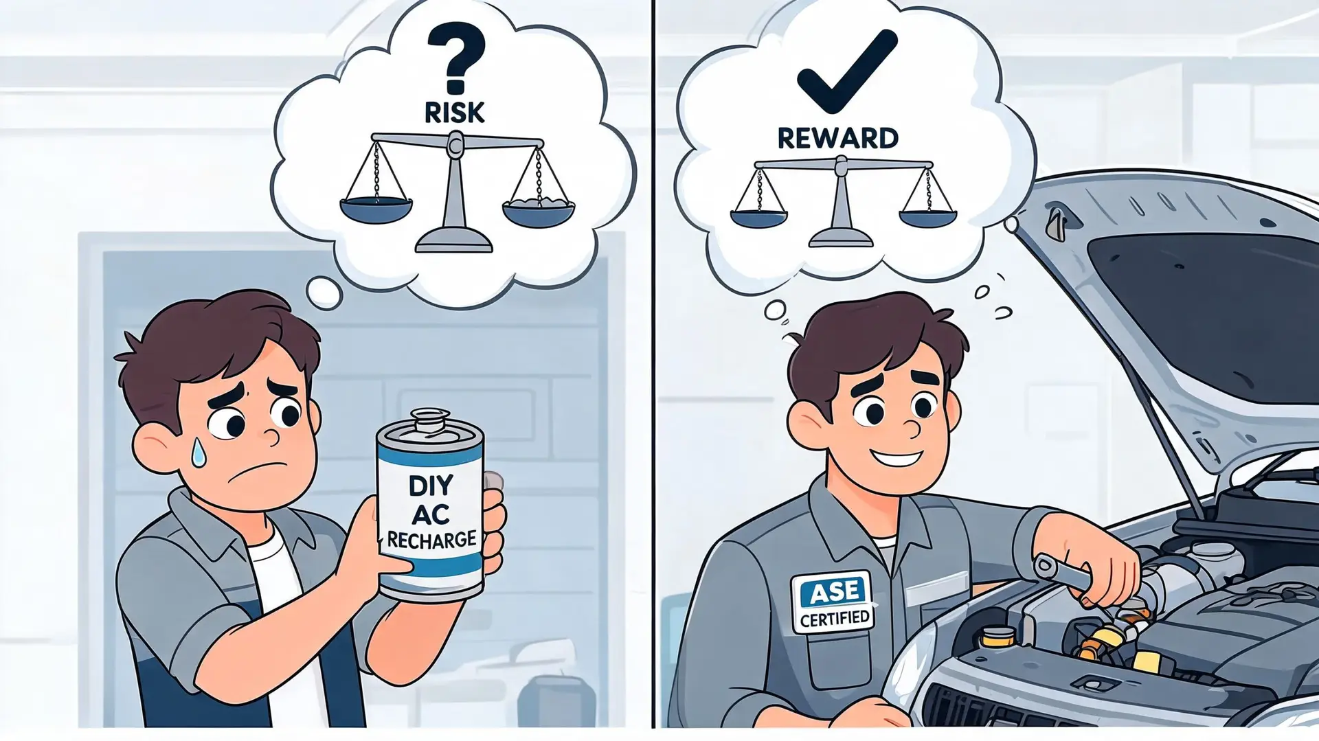 A split image comparing a nervous person holding a DIY AC recharge kit to a professional ASE certified mechanic.