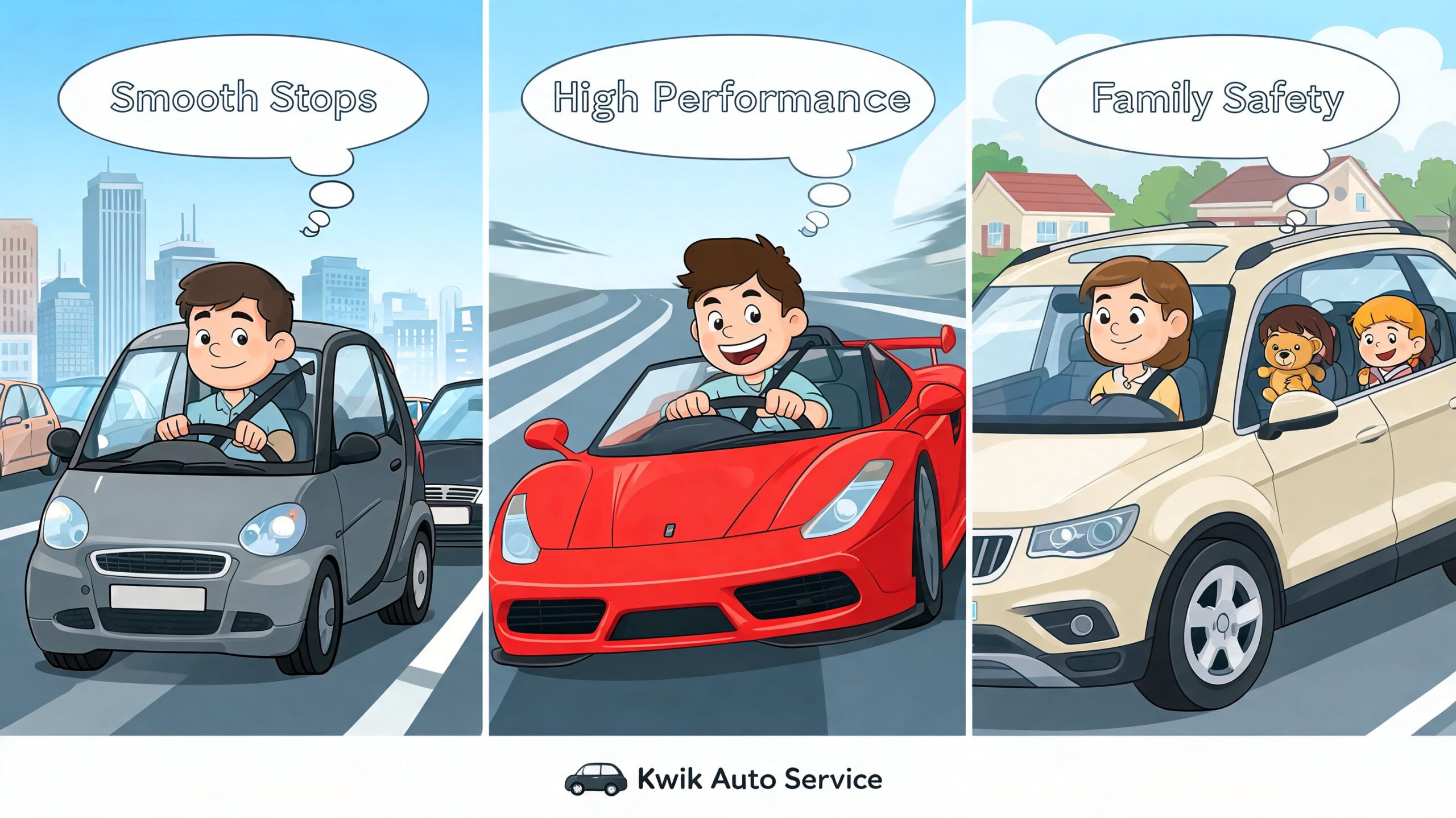 Three cartoon panels illustrating driving needs for city traffic, high performance sports cars, and family vehicle safety.