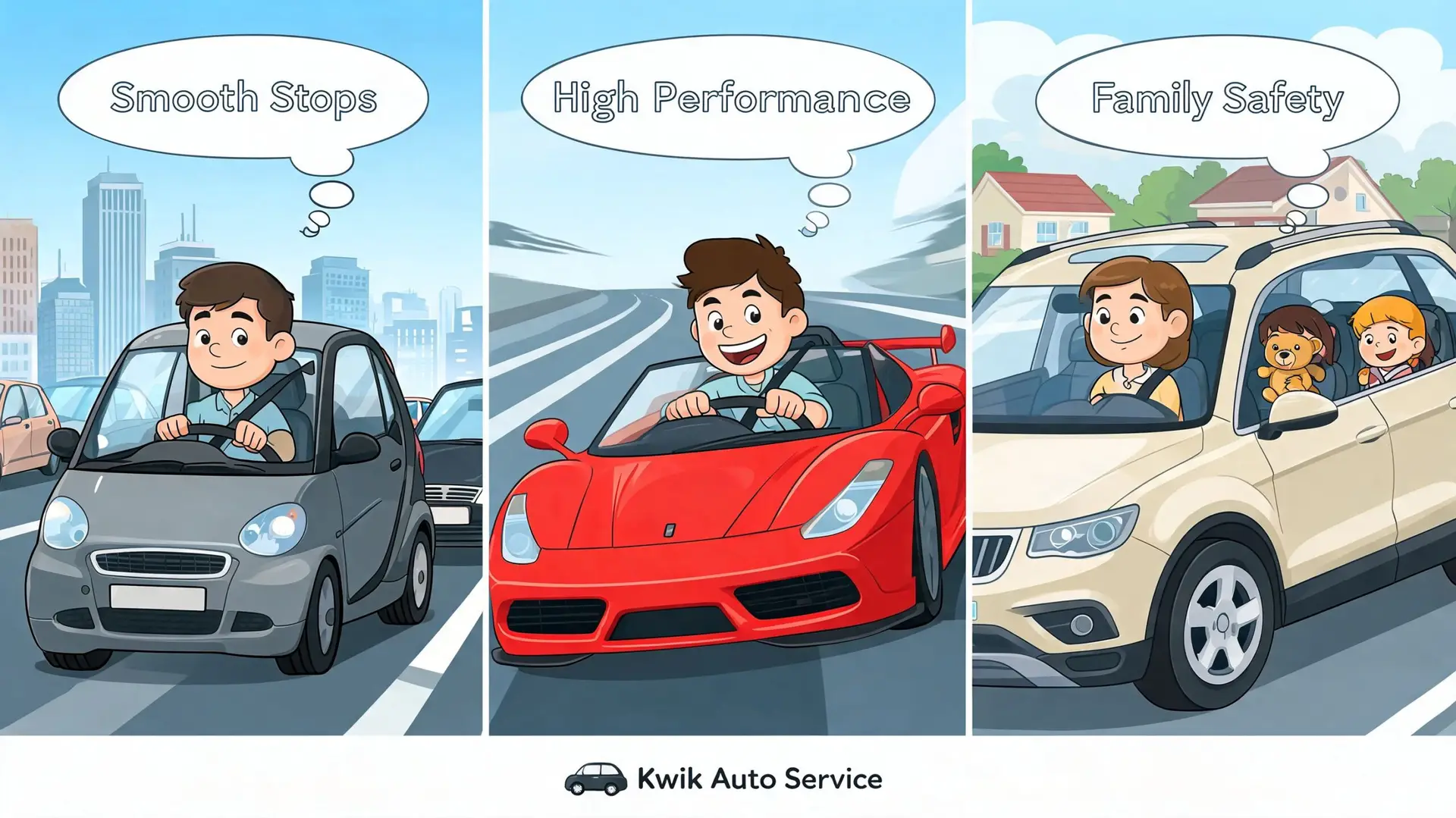 Three cartoon panels illustrating driving needs for city traffic, high performance sports cars, and family vehicle safety.