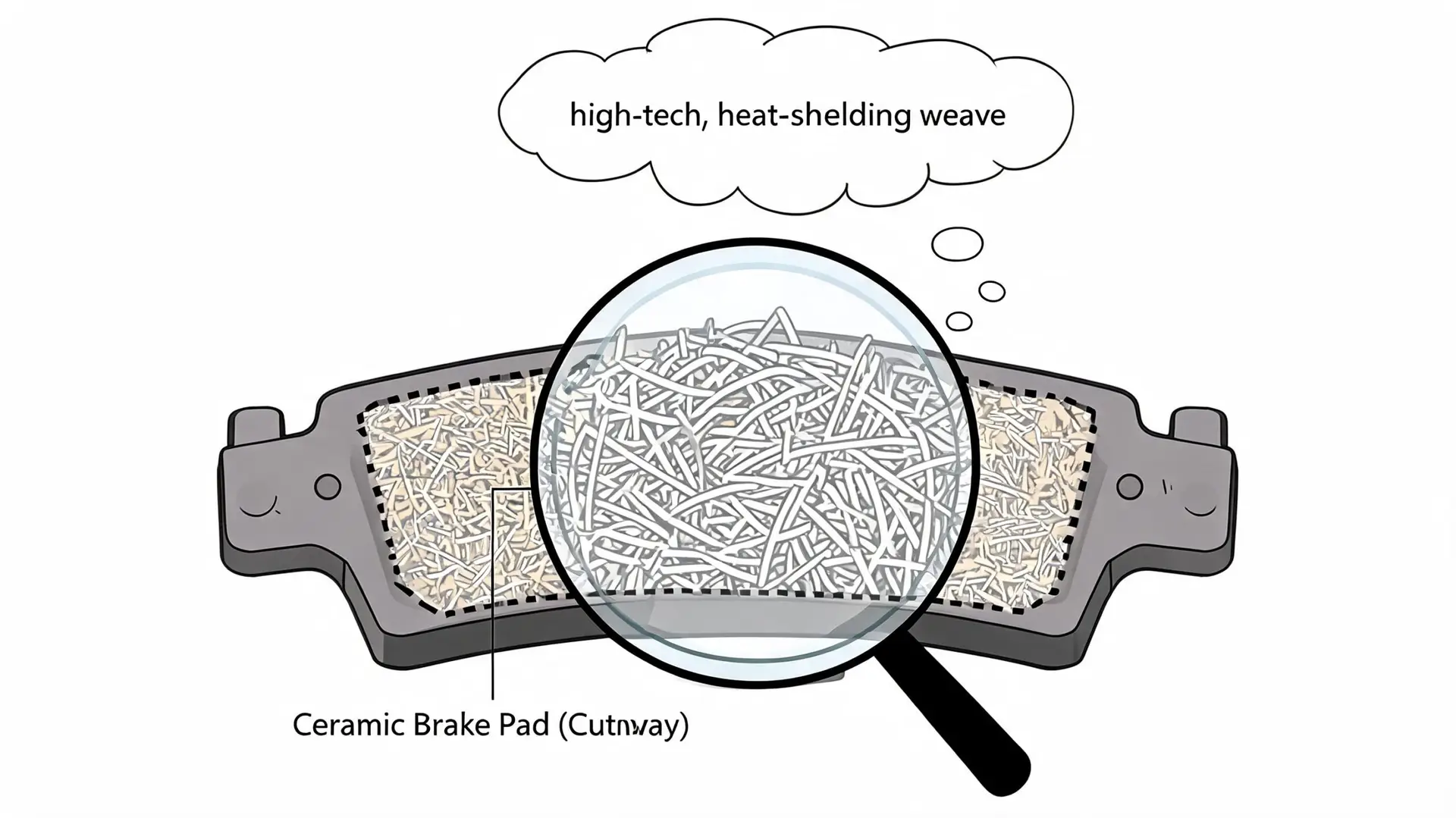 A magnifying glass inspecting the texture of a ceramic brake pad with a heat-shielding weave.