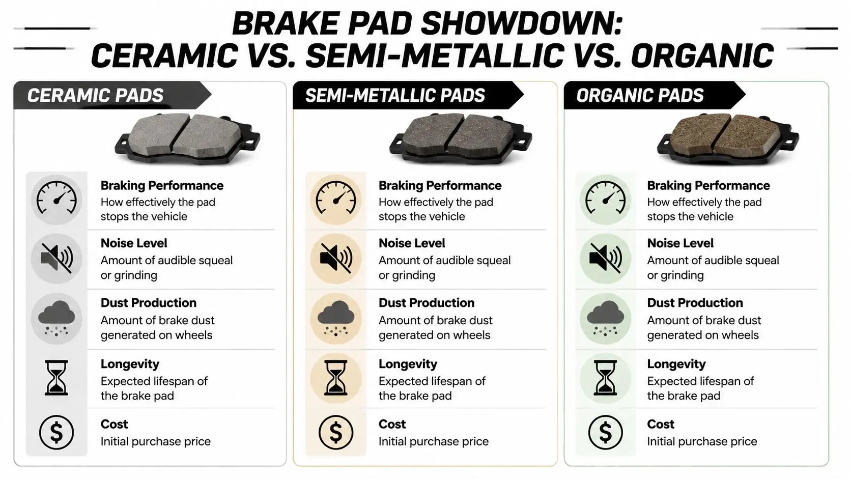 A comparison chart showing features of ceramic, semi-metallic, and organic brake pads including performance, noise, and cost.