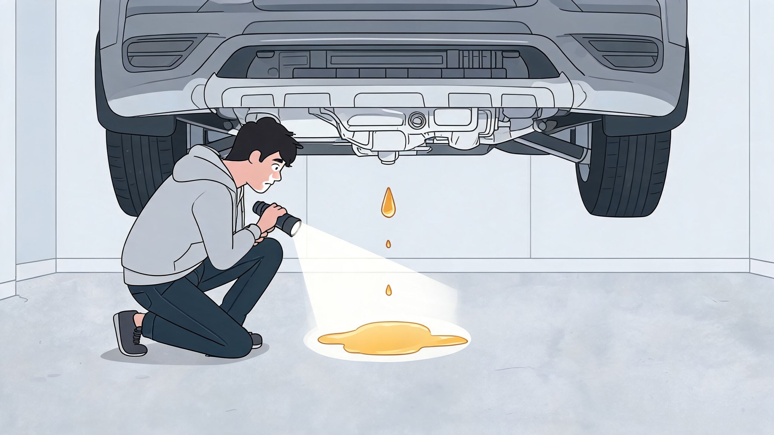 A young man kneeling on a garage floor while inspecting a car engine oil leak with a flashlight.