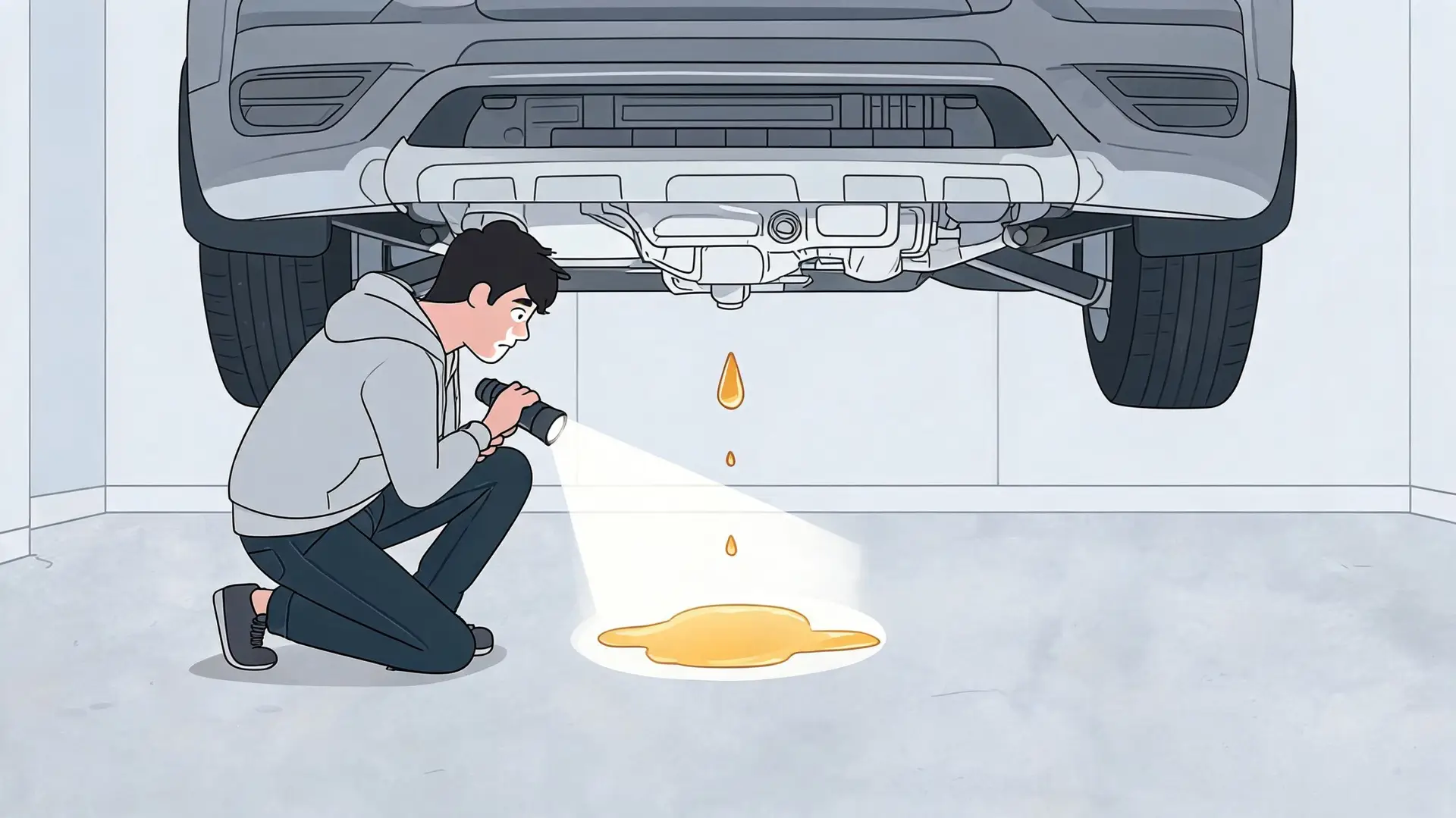 A young man kneeling on a garage floor while inspecting a car engine oil leak with a flashlight.