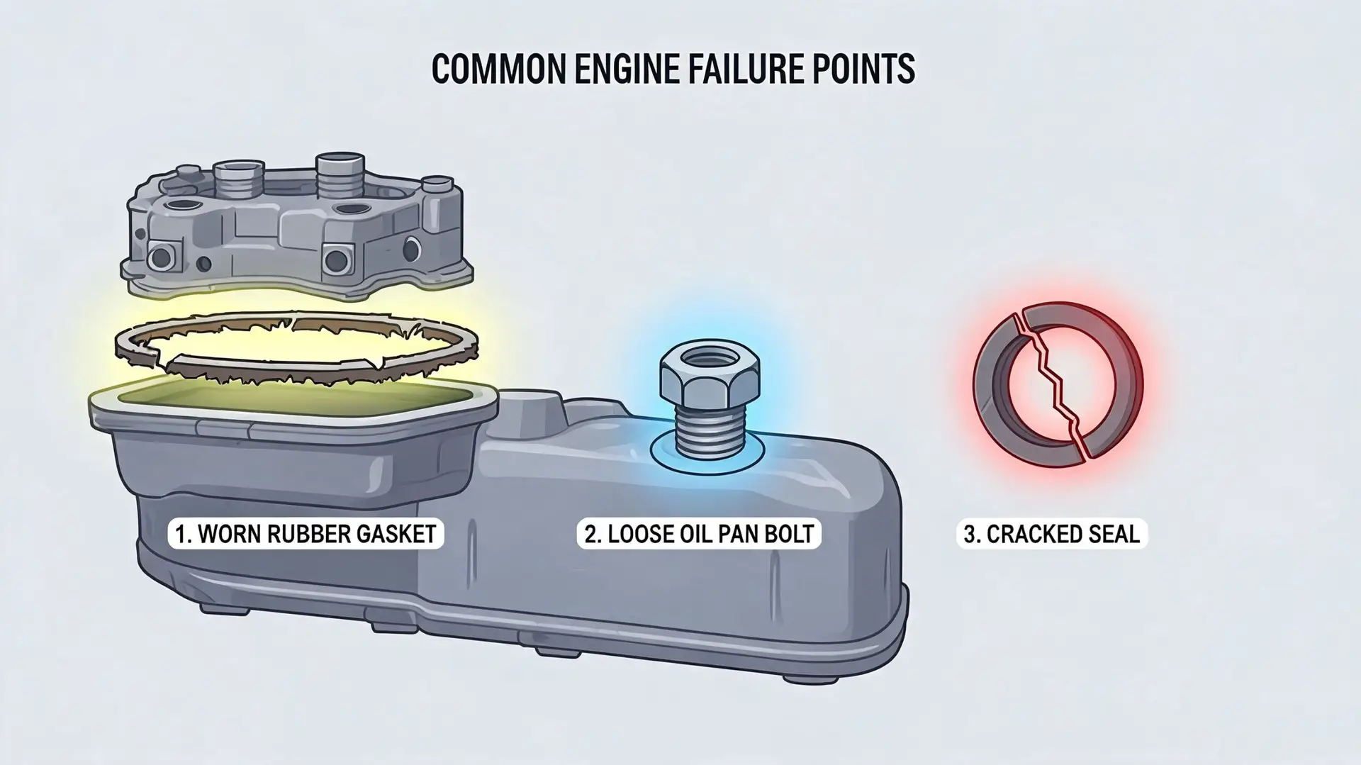 A diagram illustrating three common engine failure points including a worn gasket, loose bolt, and cracked seal.