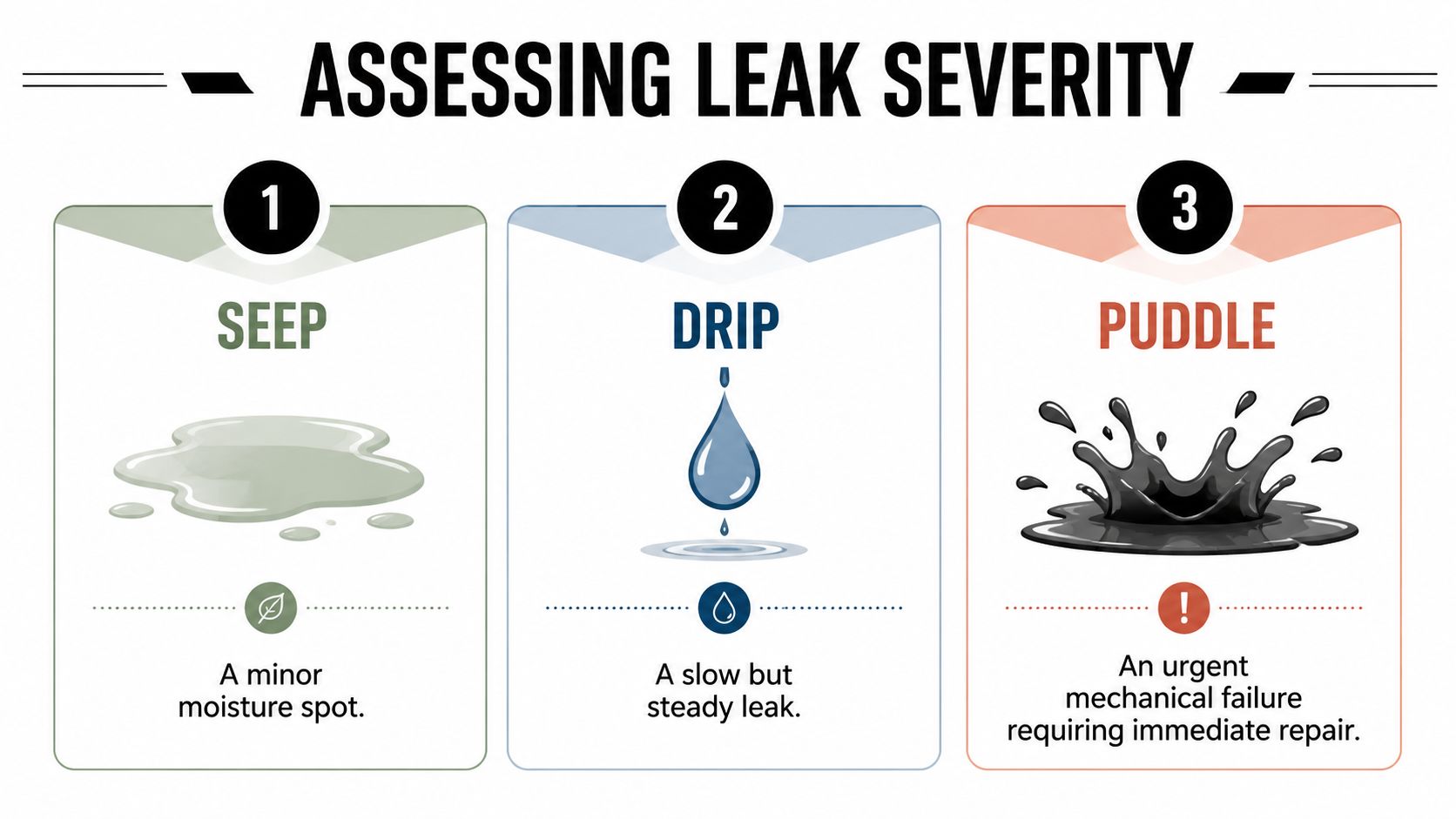A visual guide classifying engine oil leak severity into three categories: Seep, Drip, and Puddle.