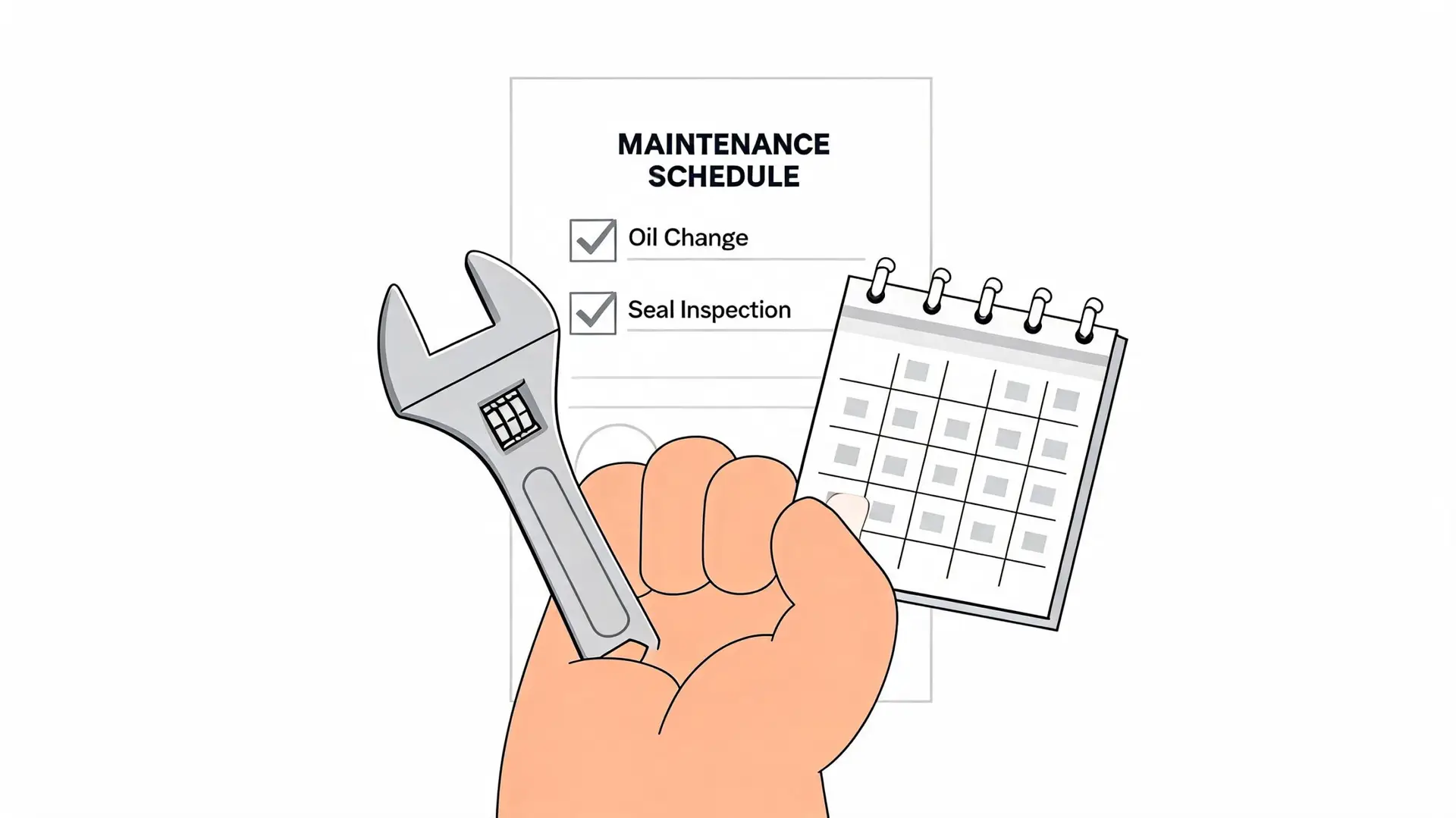 A hand holding a wrench in front of a maintenance schedule checklist and a monthly calendar page.