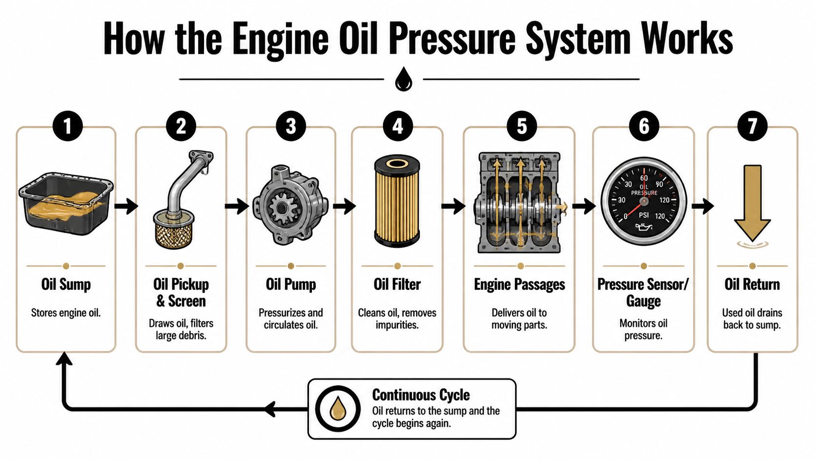 A diagram illustrating the seven-step process of the engine oil pressure system cycle in a vehicle.