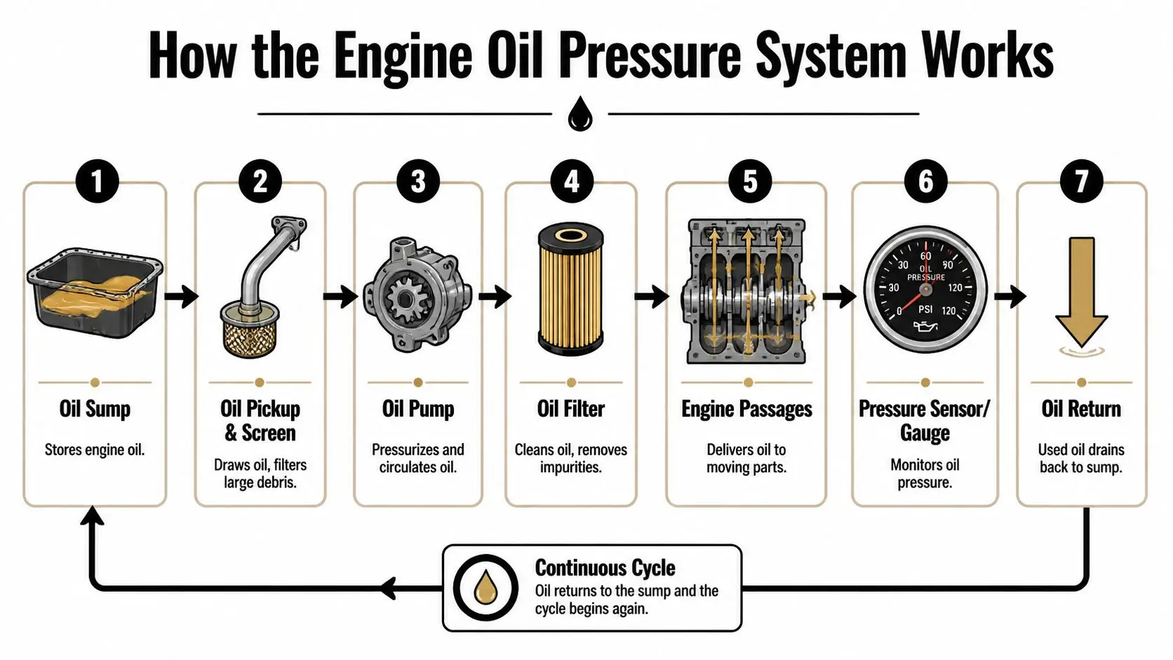 A diagram illustrating the seven-step process of the engine oil pressure system cycle in a vehicle.