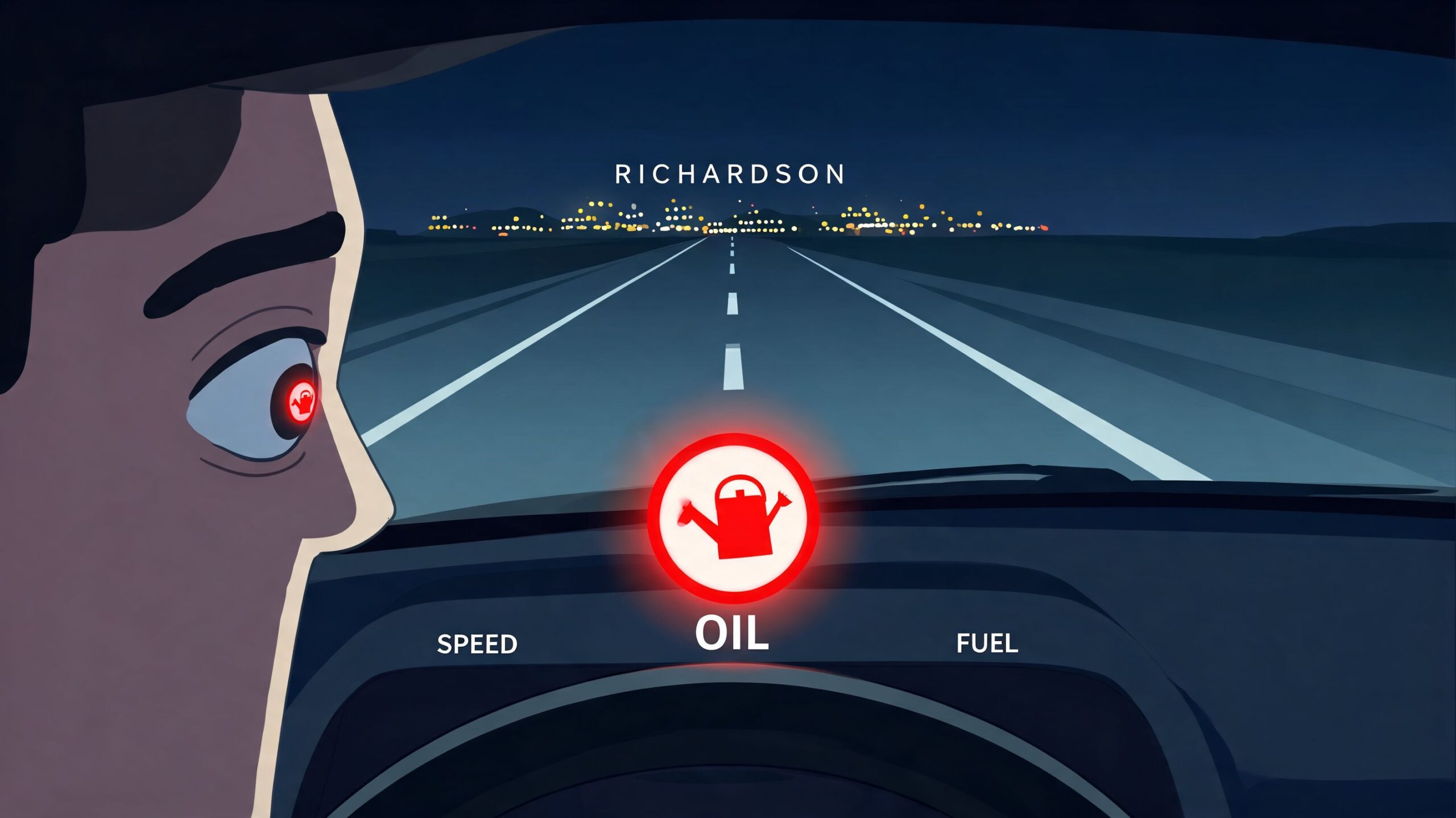 An animated driver looks shocked as a red oil warning light flashes on the car dashboard.