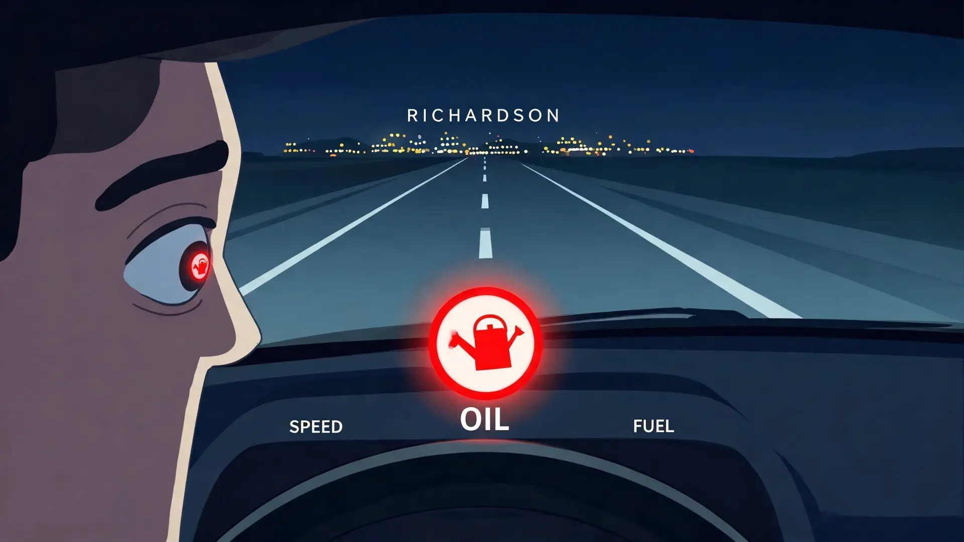 An animated driver looks shocked as a red oil warning light flashes on the car dashboard.