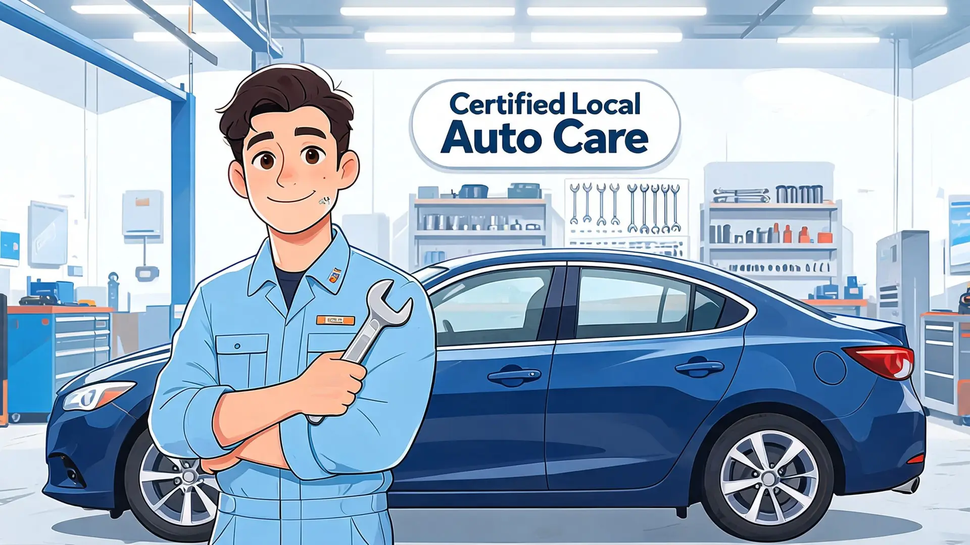 A friendly mechanic in a blue uniform stands smiling with a wrench in front of a car.